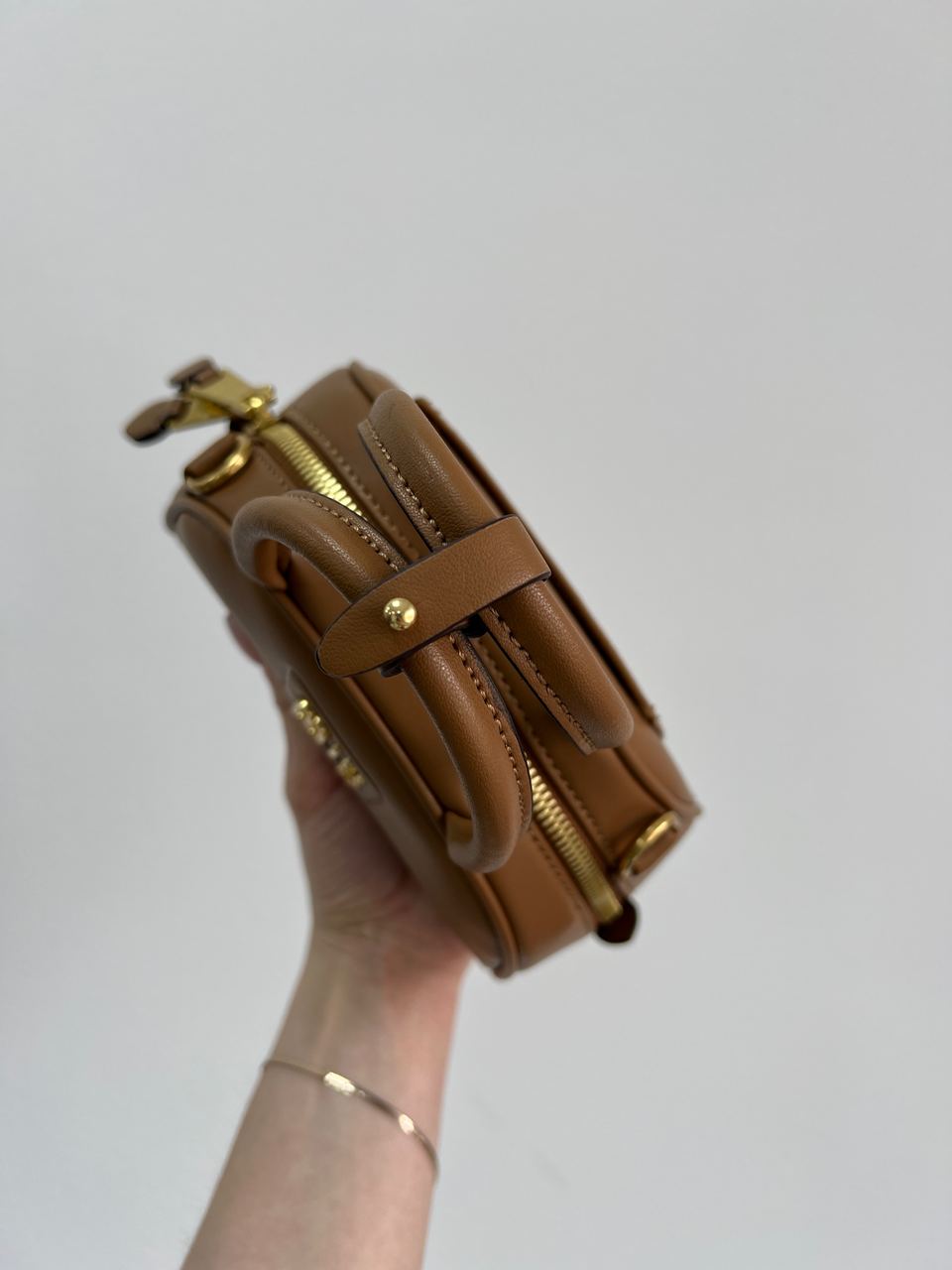 MiuMu Leather Top Handle Bag Brown - 22