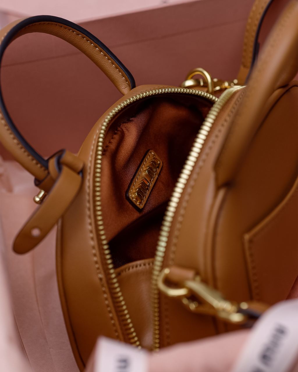 MiuMu Leather Top Handle Bag Brown - 26