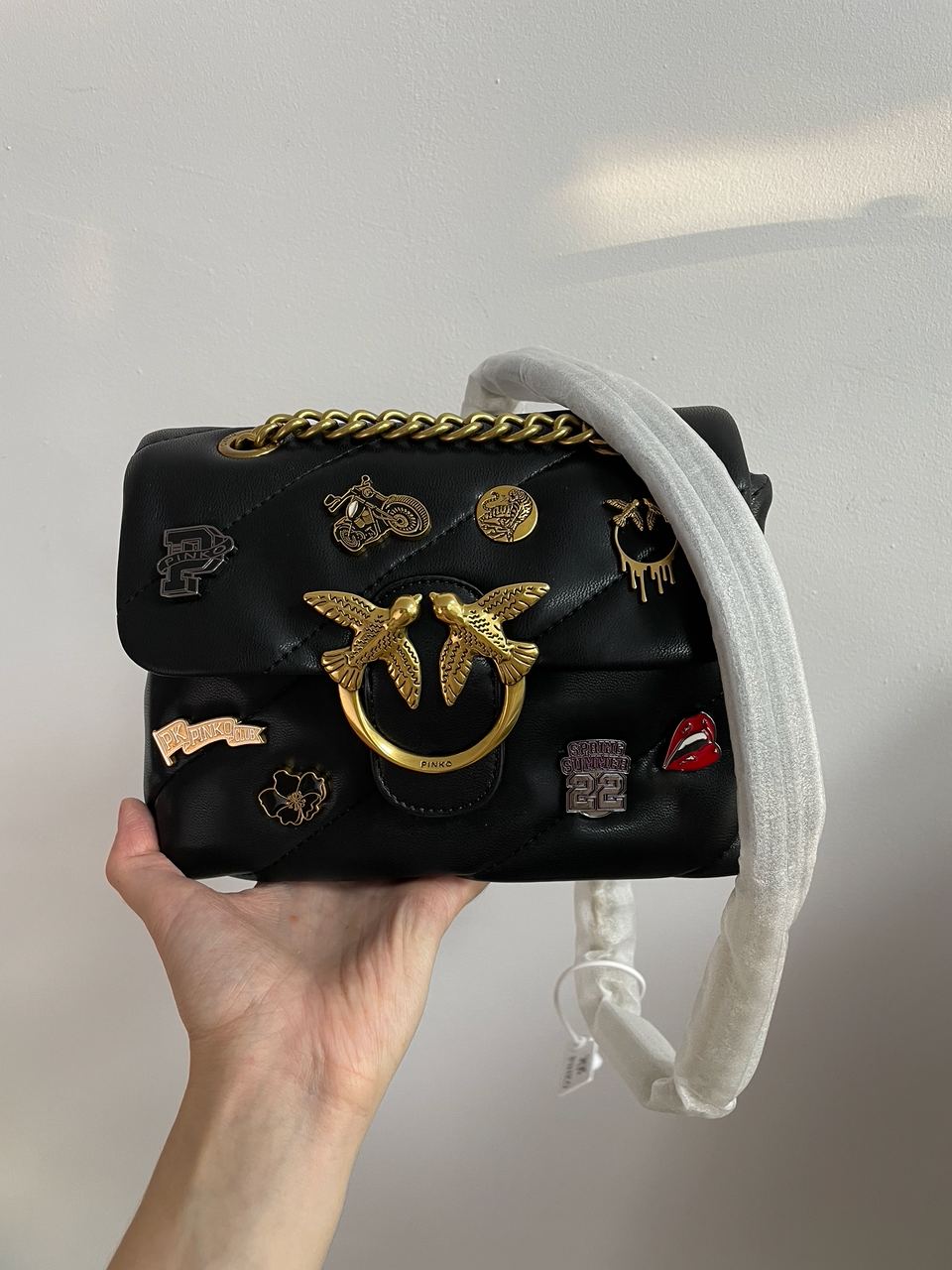 Pinko Black Quilted Leather Love Mini Puff Pins - 5