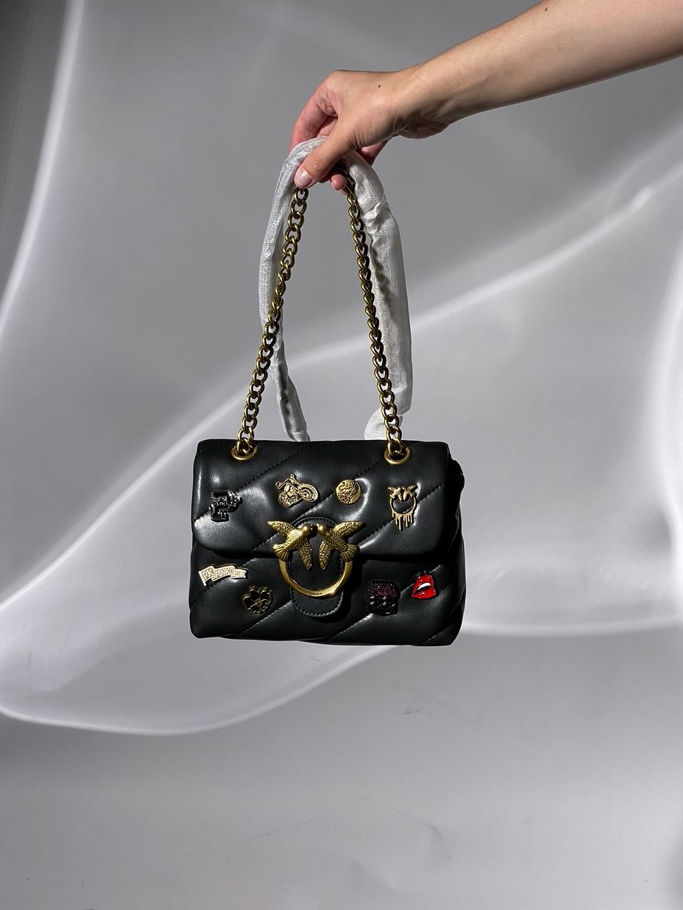 Pinko Black Quilted Leather Love Mini Puff Pins - 8