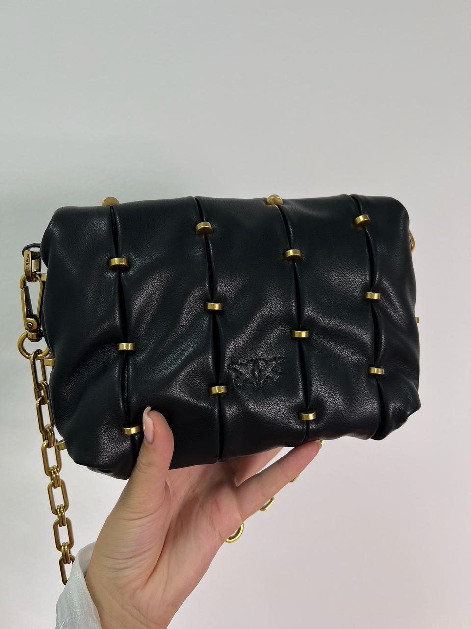 Pinko Black Quilted Leather Love Mini Puff Staples - 12