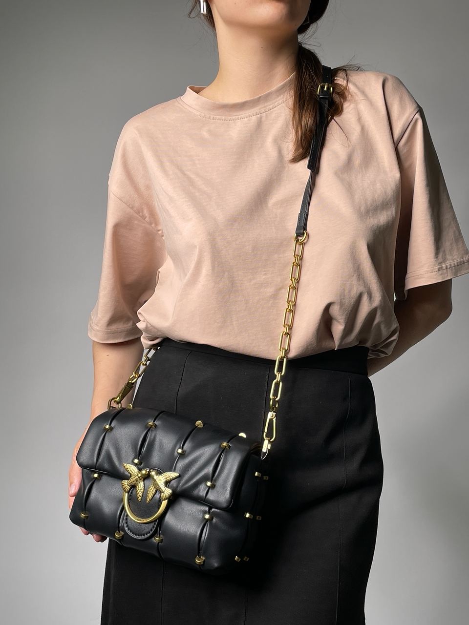 Pinko Black Quilted Leather Love Mini Puff Staples - 7