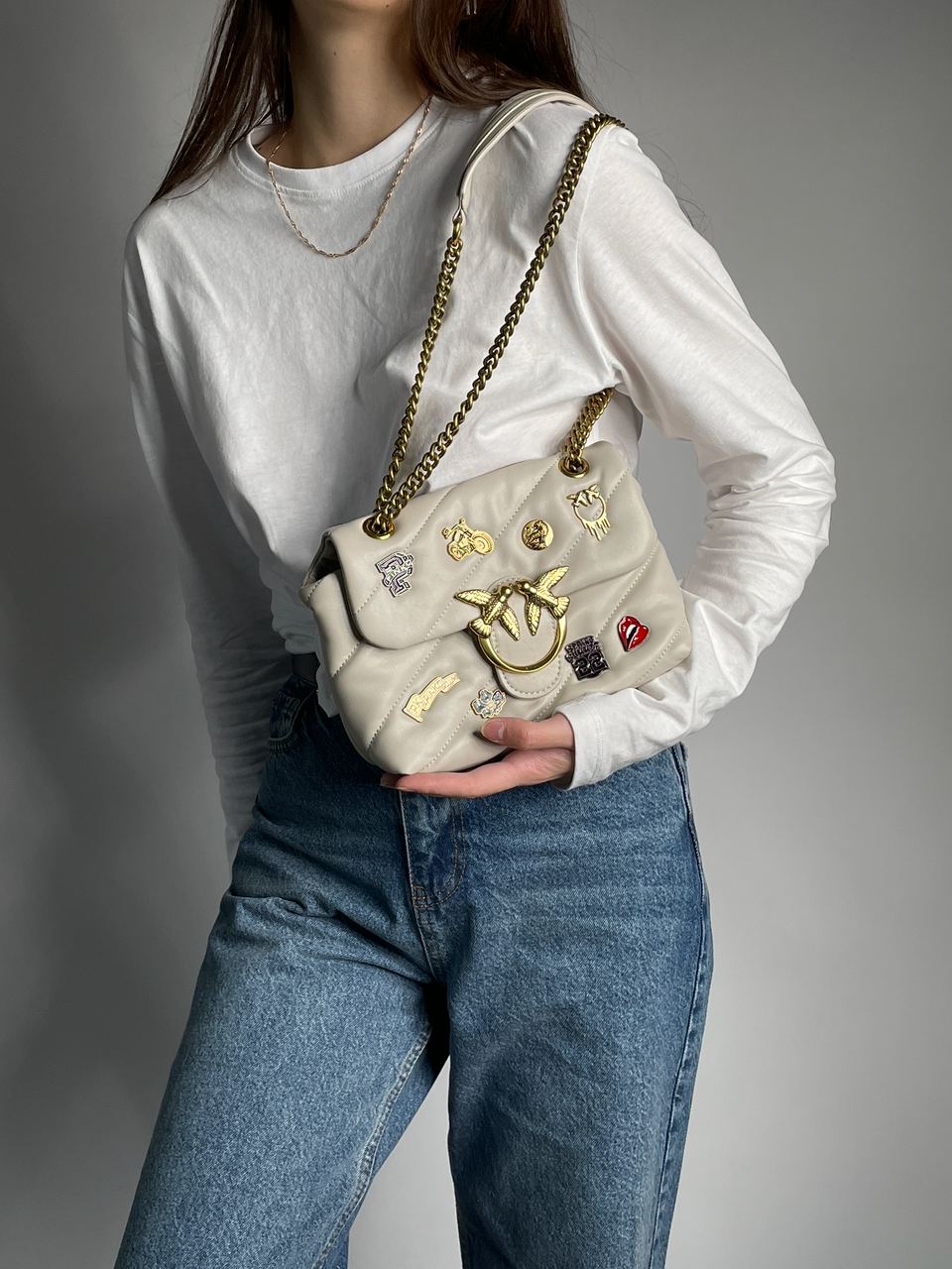 Pinko Grey Quilted Leather Love Mini Puff Pins - 6