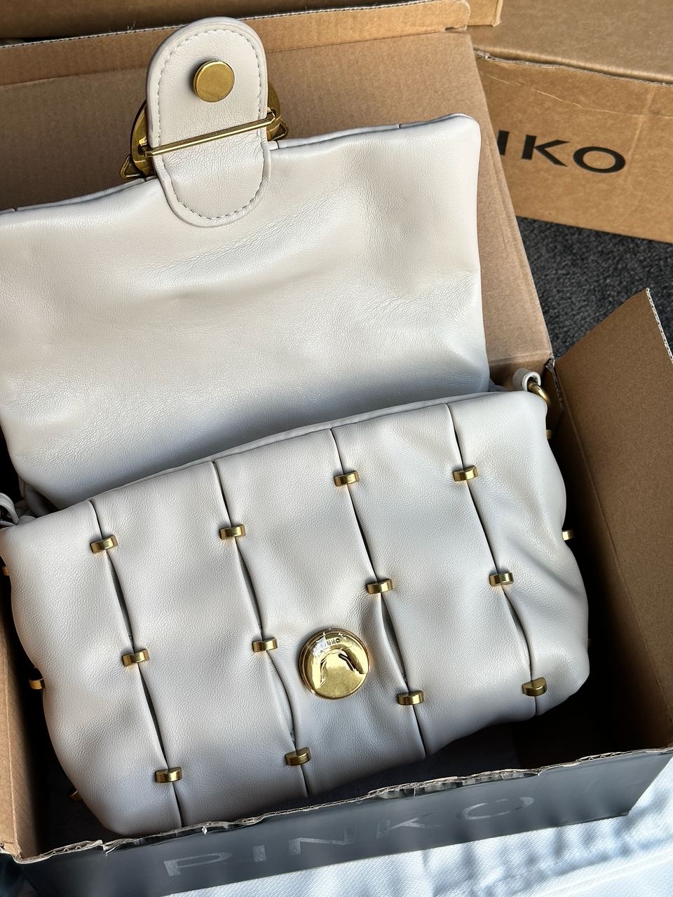 Pinko Grey Quilted Leather Love Mini Puff Staples - 16