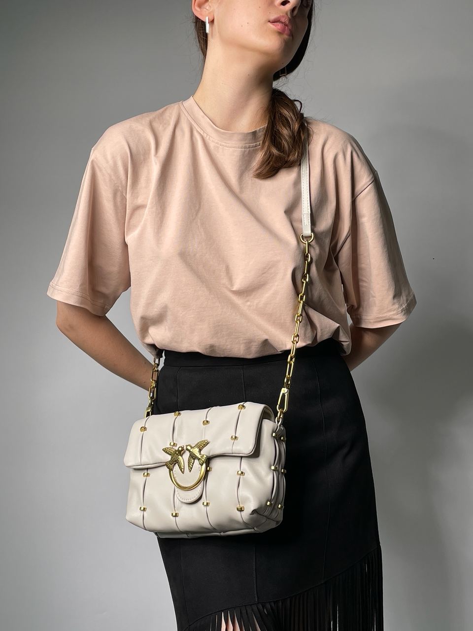 Pinko Grey Quilted Leather Love Mini Puff Staples - 5