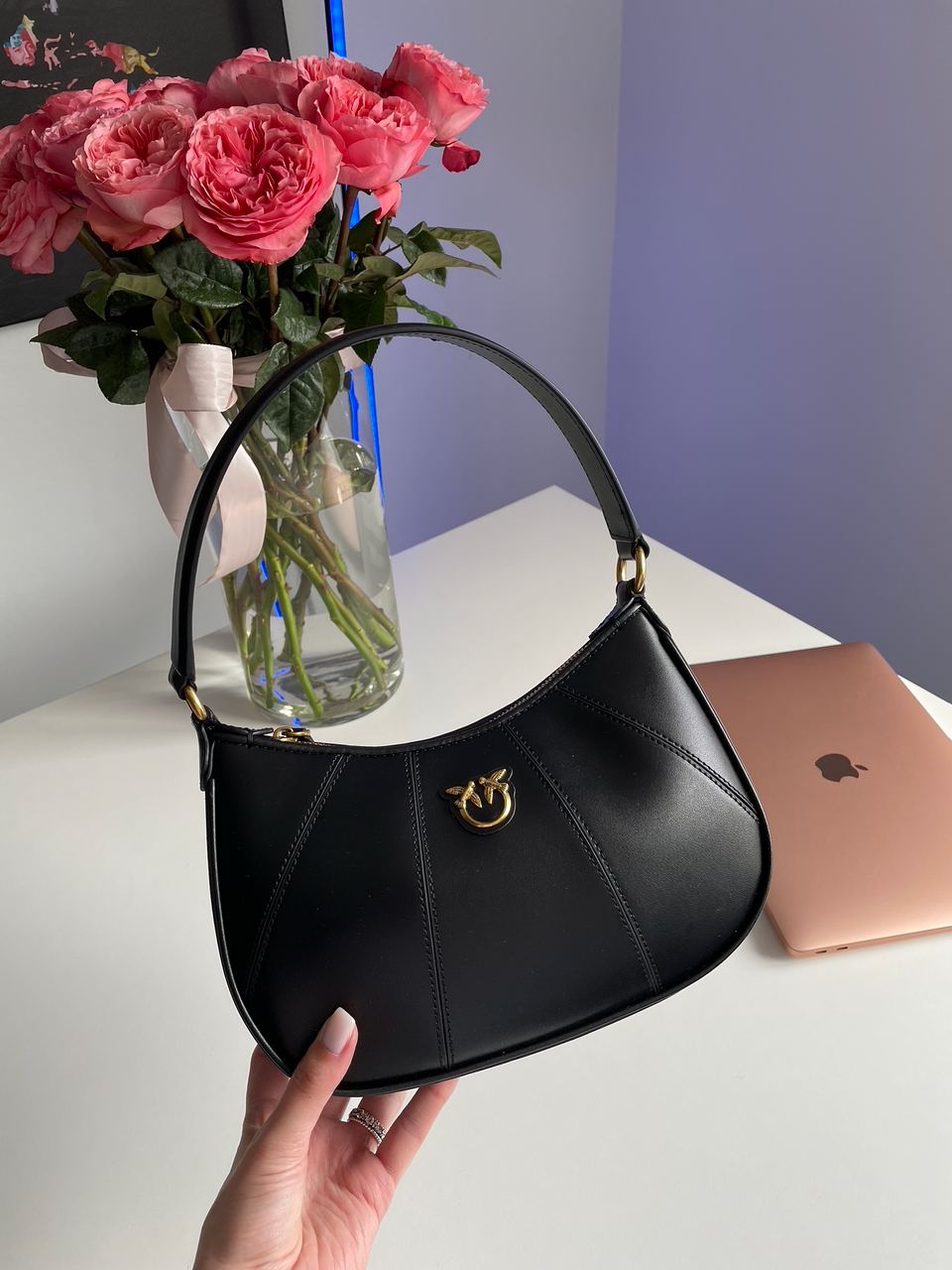 Pinko Hobo Bag Fine Grain Cow Leather Black - 9