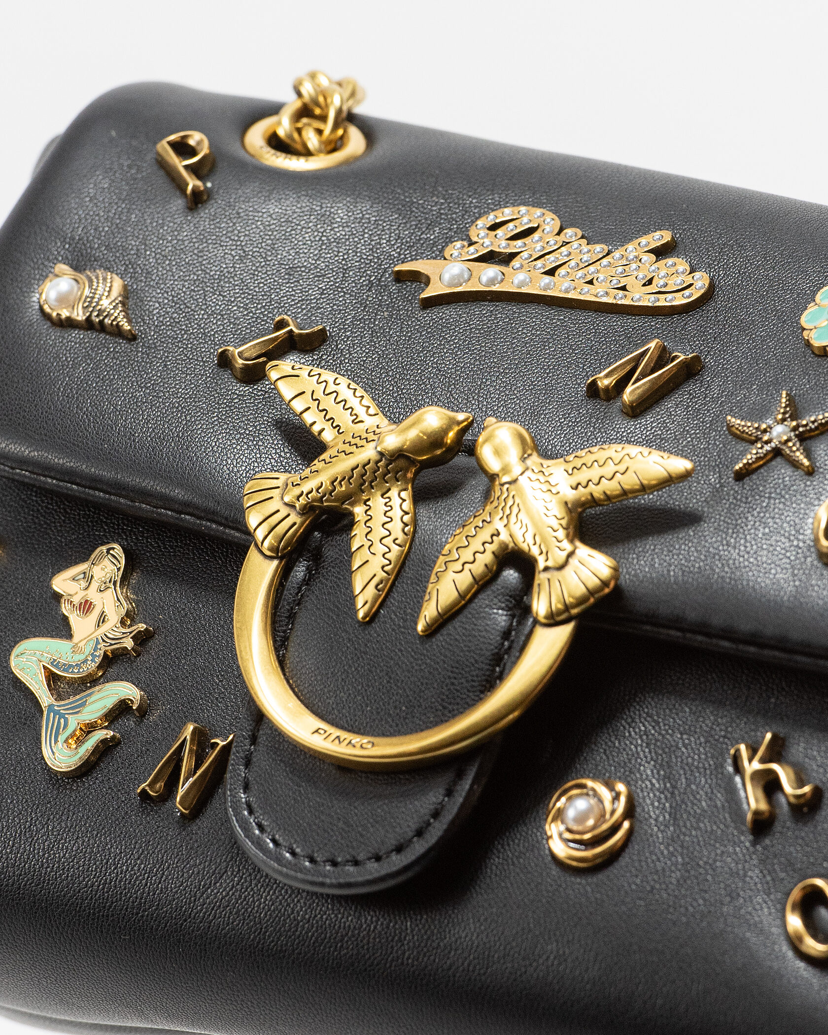 Pinko Love Medium Shoulder Bag in Black Leather with Embellishments - 7