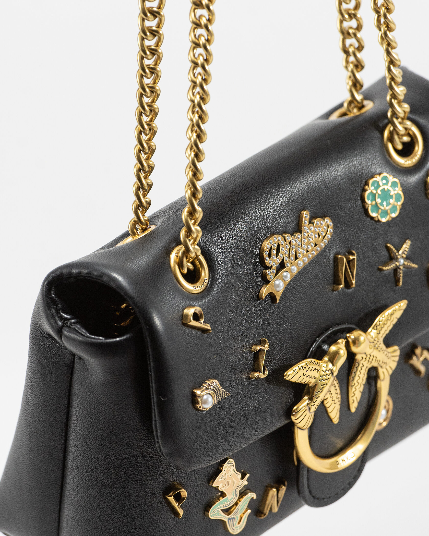 Pinko Love Medium Shoulder Bag in Black Leather with Embellishments - 8