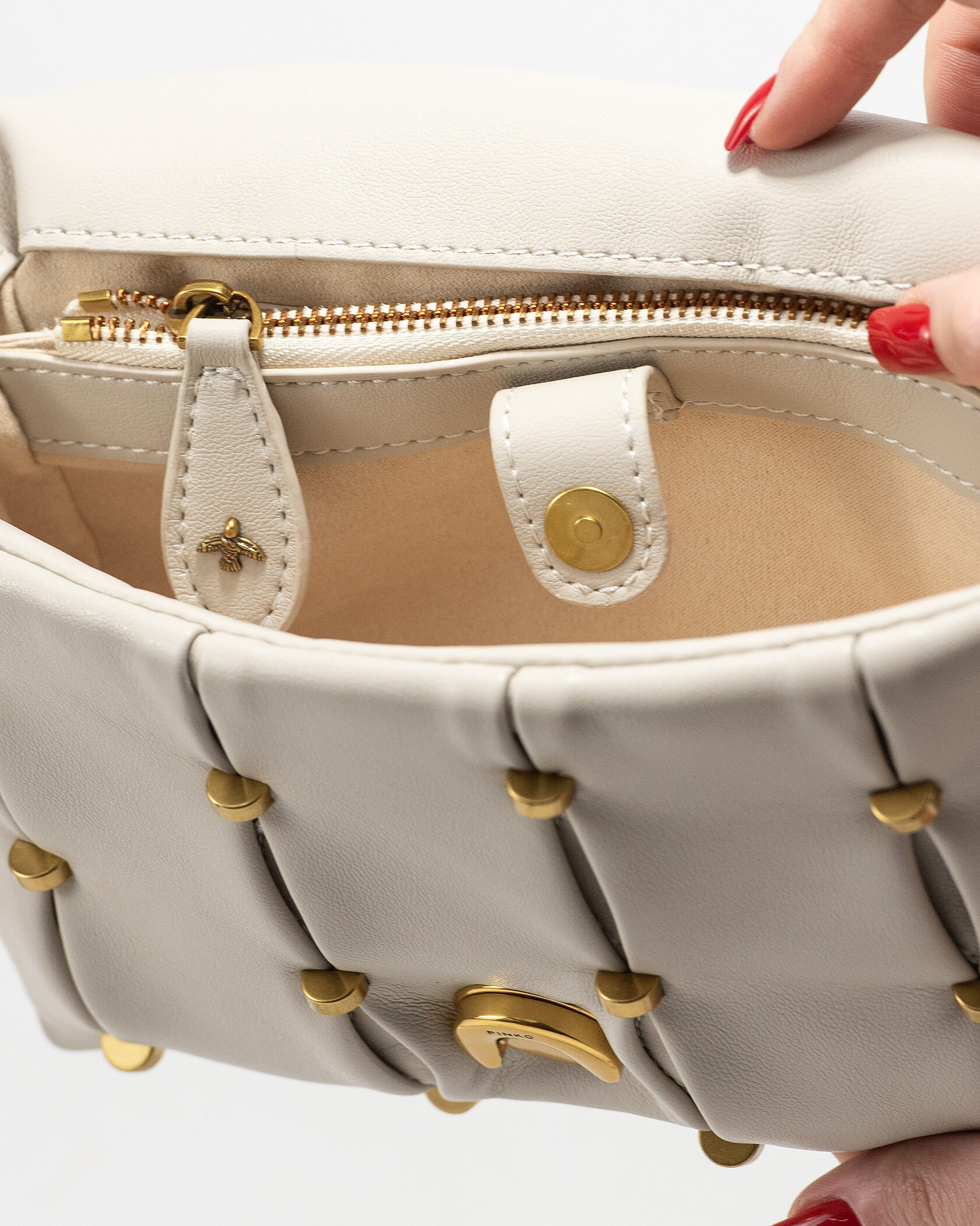 Pinko Love Small Puff Maxi Quilt Shoulder Bag in White with Studs - 12