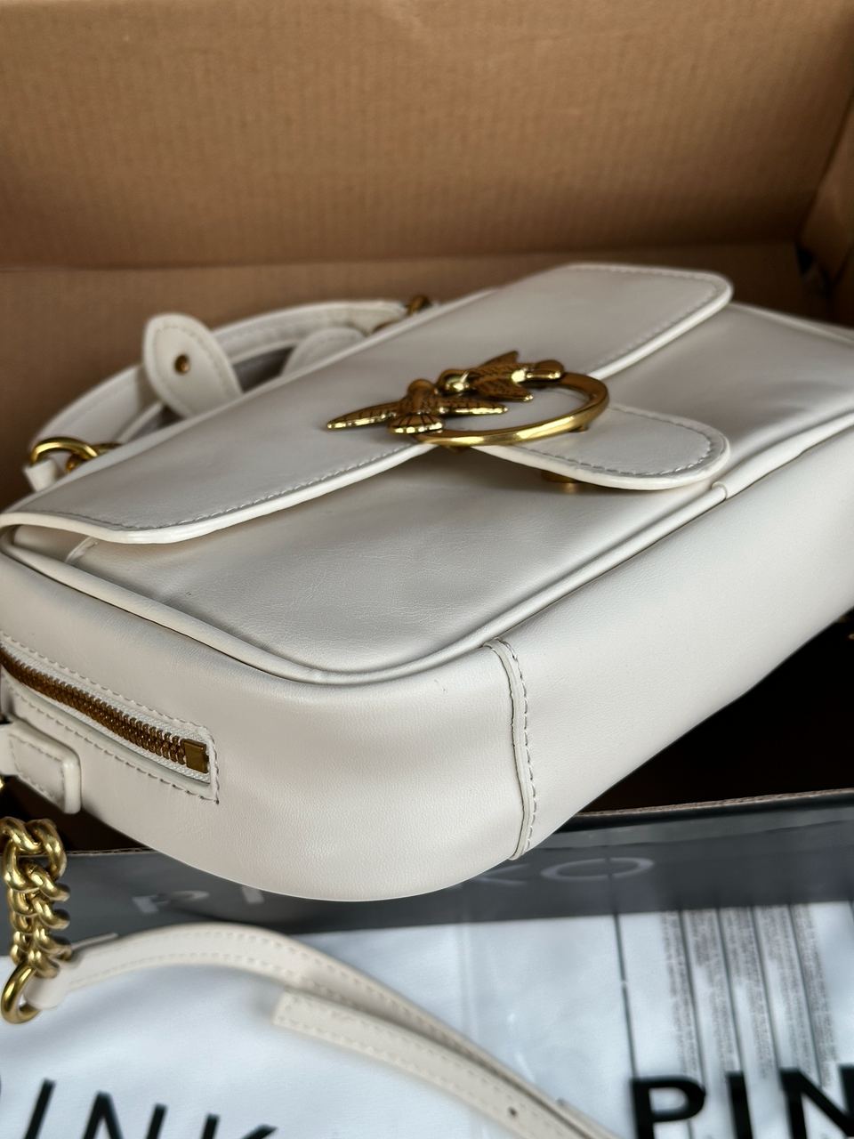 Pinko Square Simply Mini Calfskin Bag Cream - 19