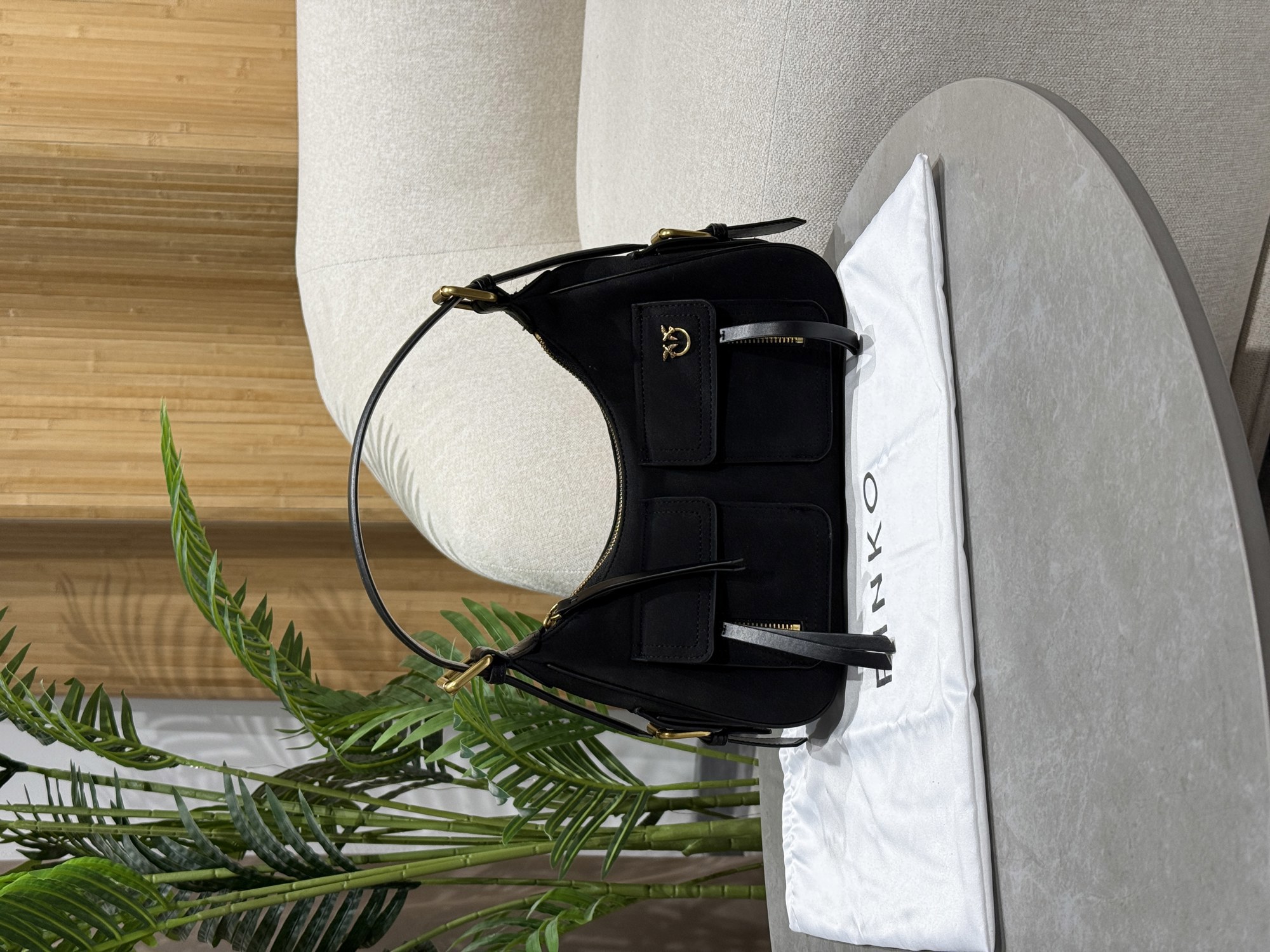 Pinko Suede Cargo Shoulder Bag Black/Gold - 15