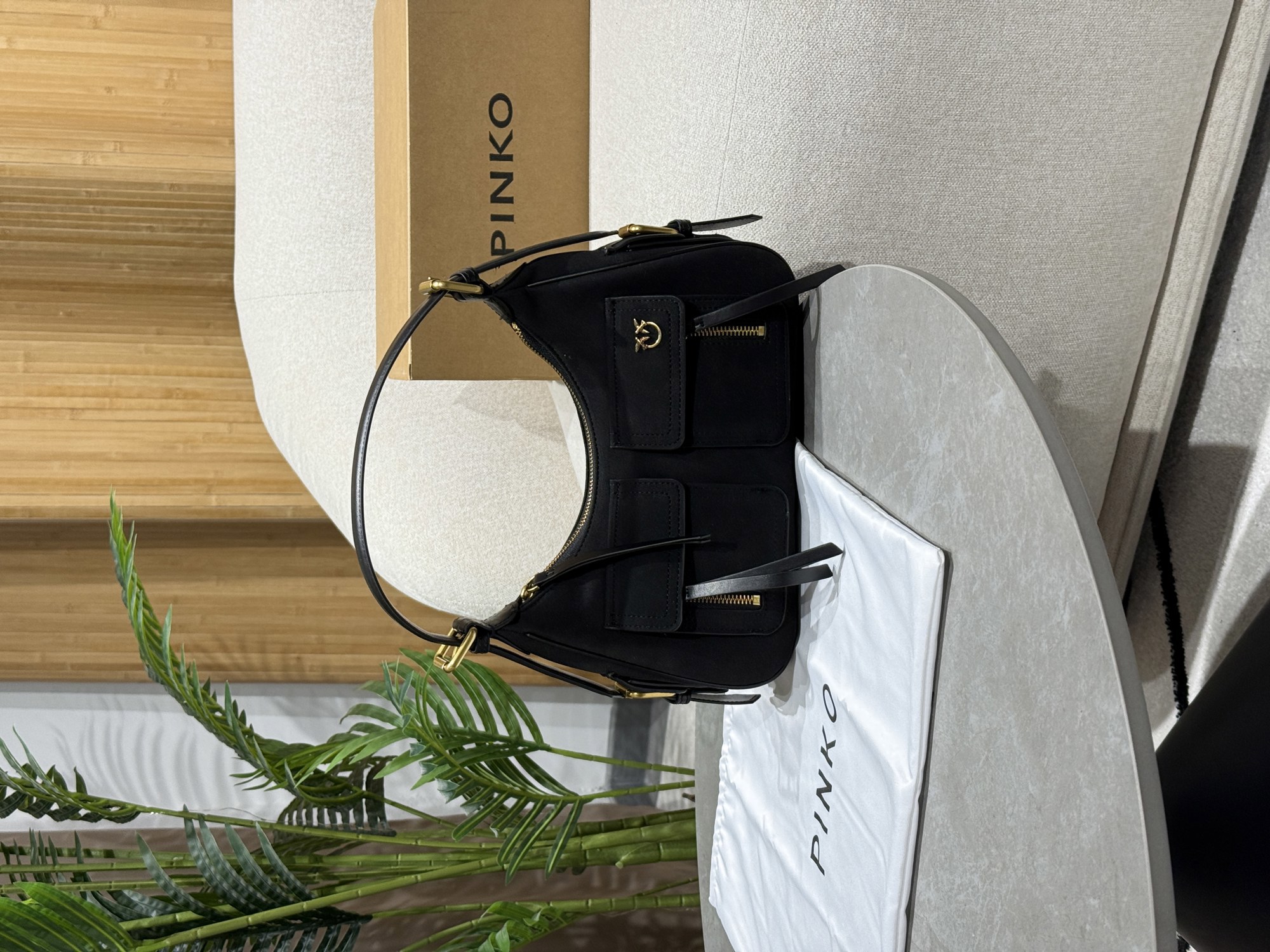 Pinko Suede Cargo Shoulder Bag Black/Gold - 12