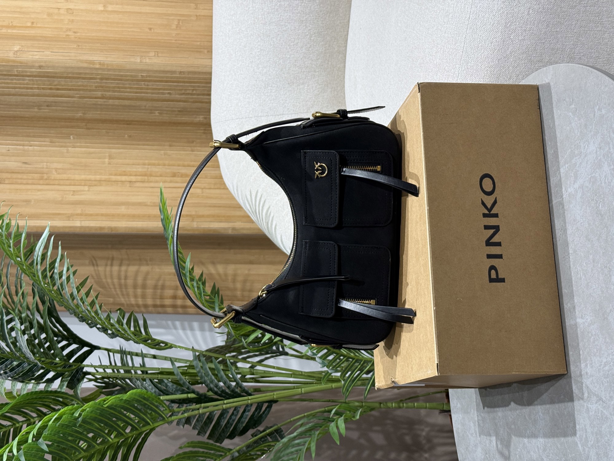 Pinko Suede Cargo Shoulder Bag Black/Gold - 13