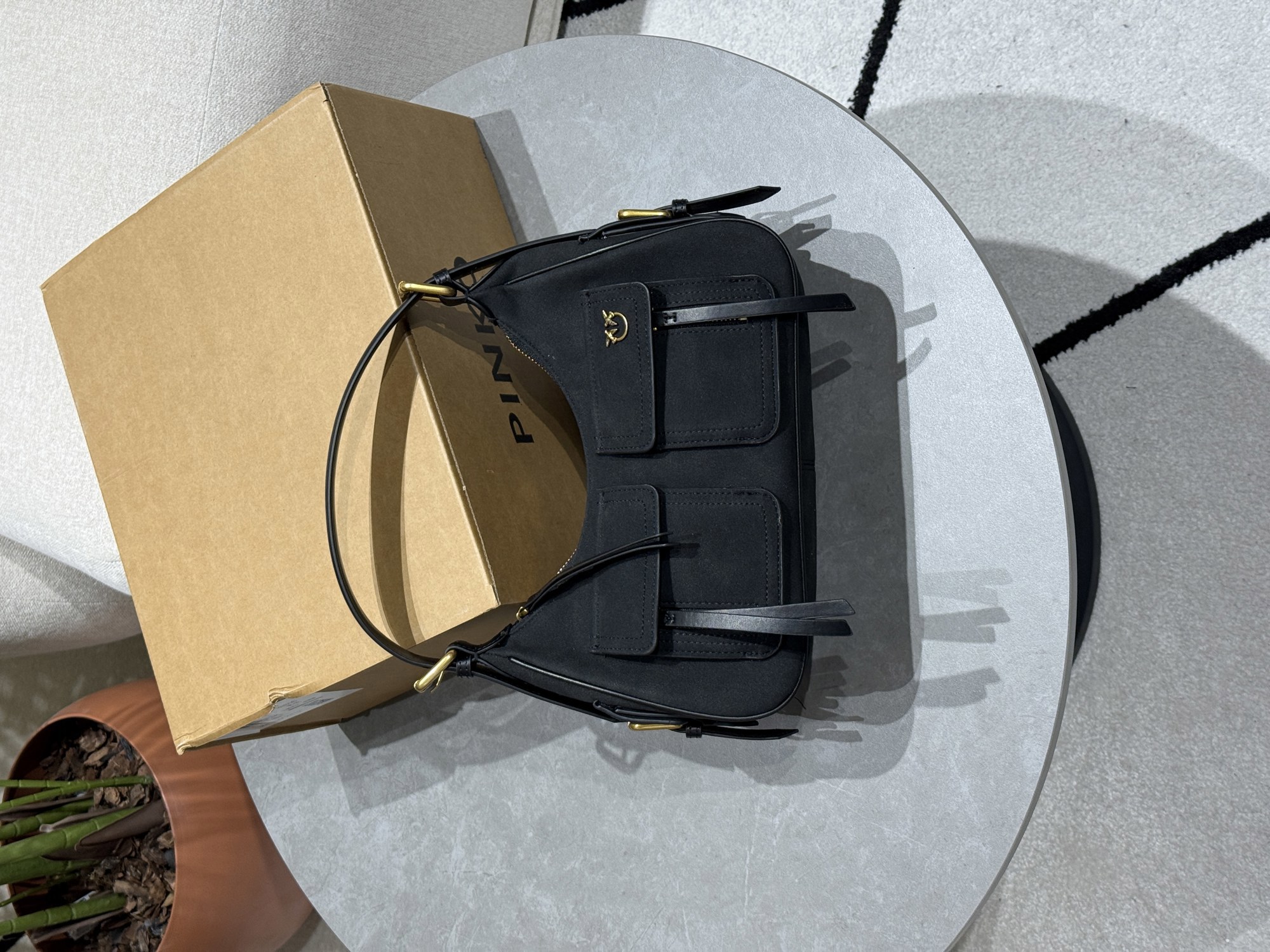 Pinko Suede Cargo Shoulder Bag Black/Gold - 14