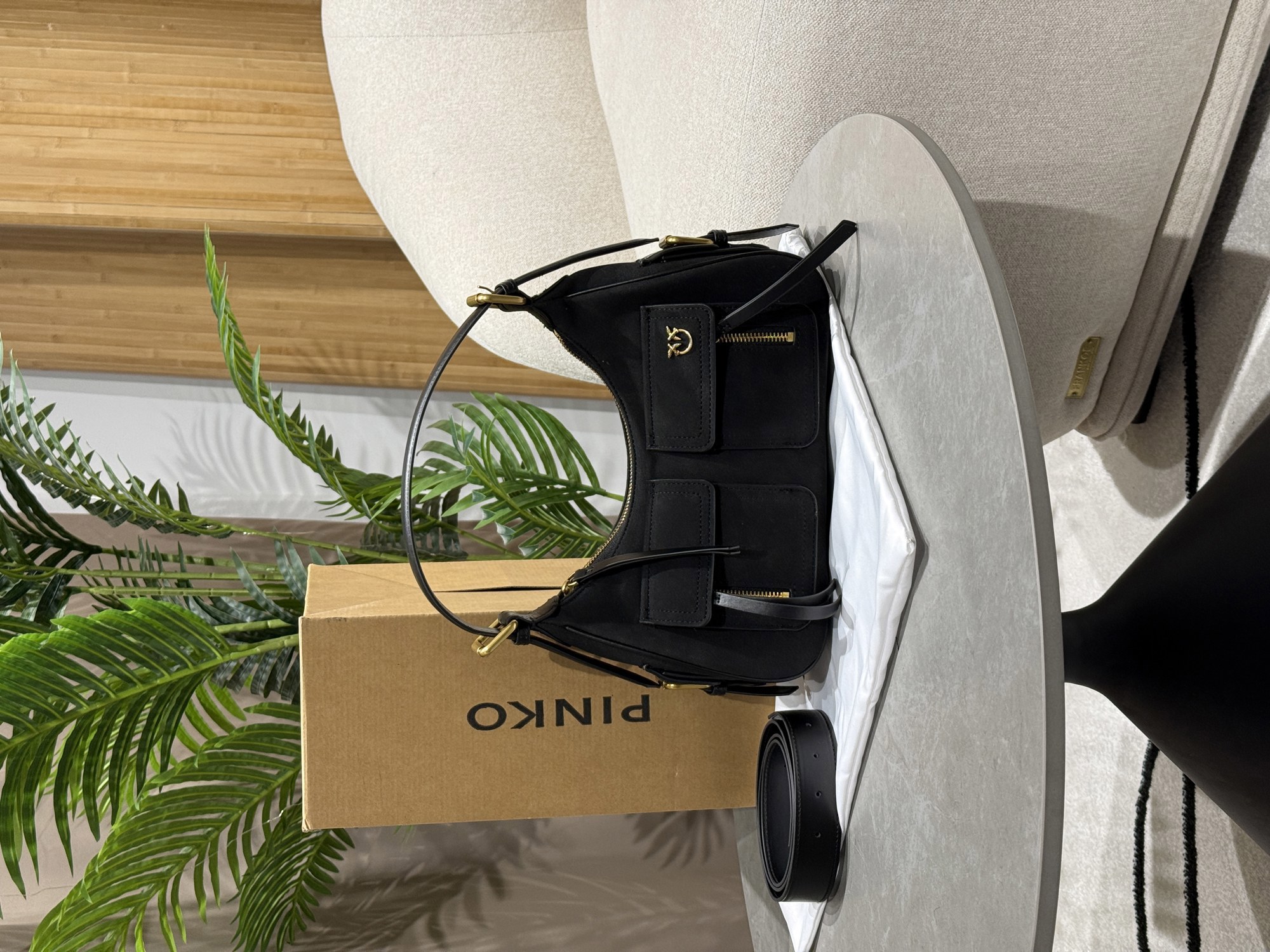 Pinko Suede Cargo Shoulder Bag Black/Gold - 10