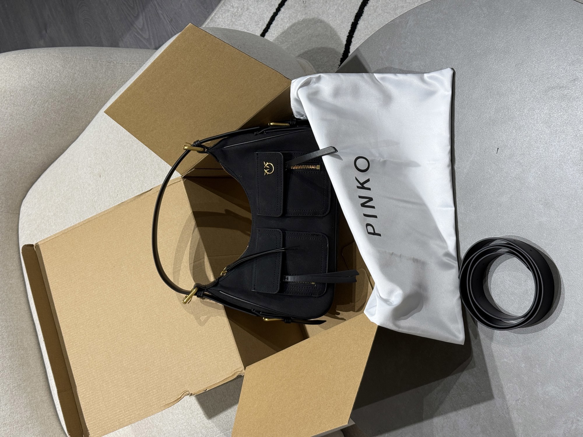 Pinko Suede Cargo Shoulder Bag Black/Gold - 9