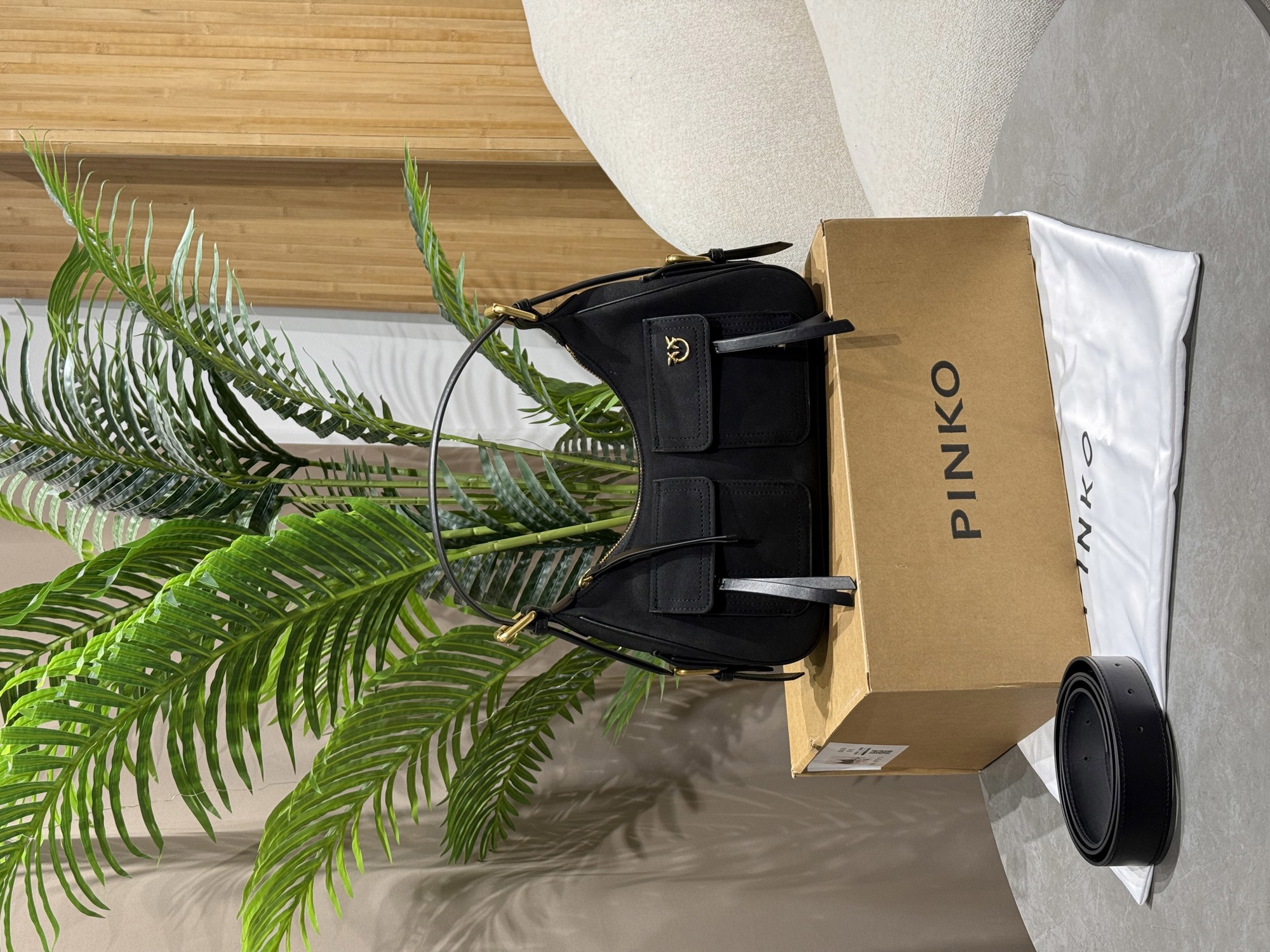 Pinko Suede Cargo Shoulder Bag Black/Gold - 11
