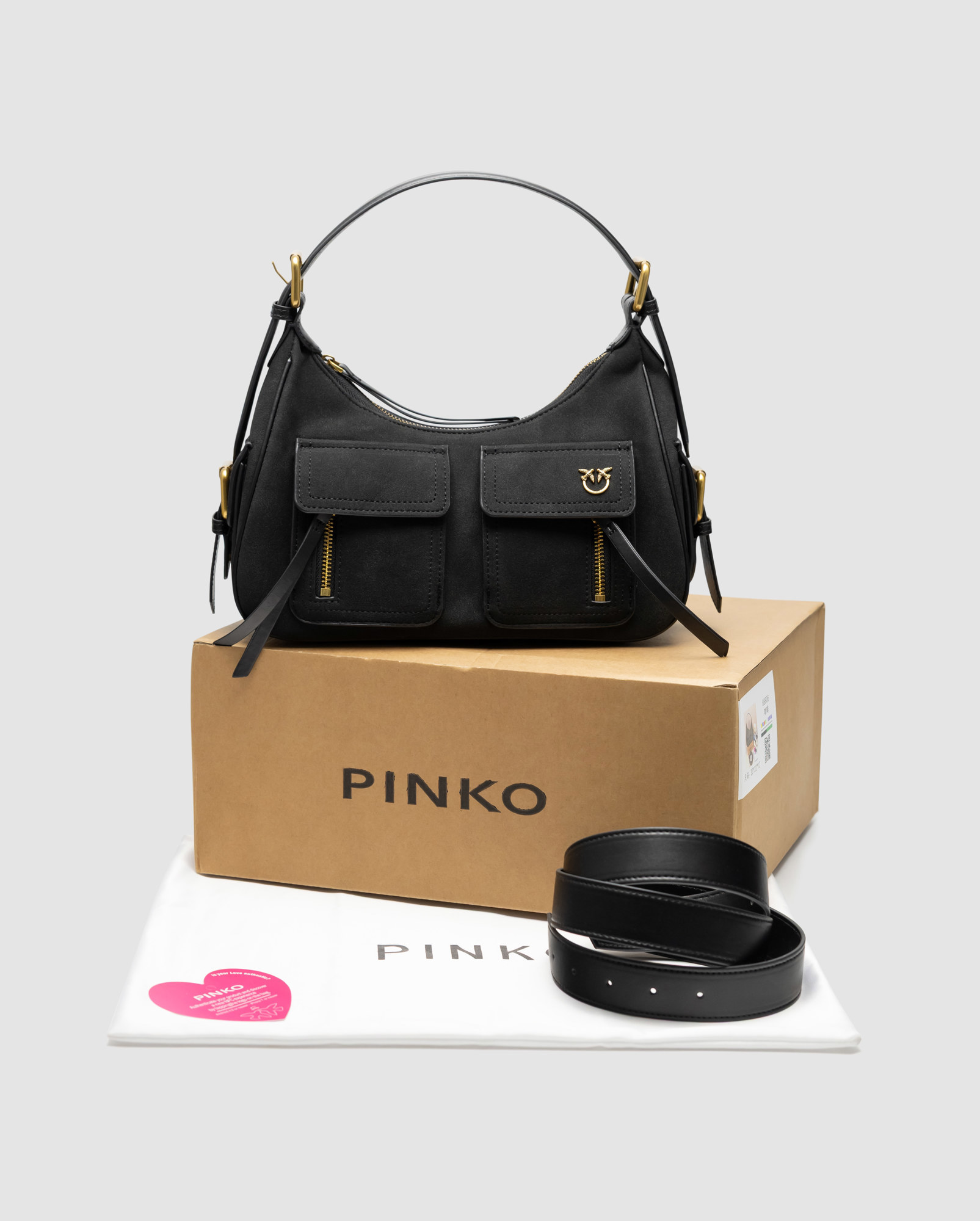 Pinko Suede Cargo Shoulder Bag Black/Gold - 8