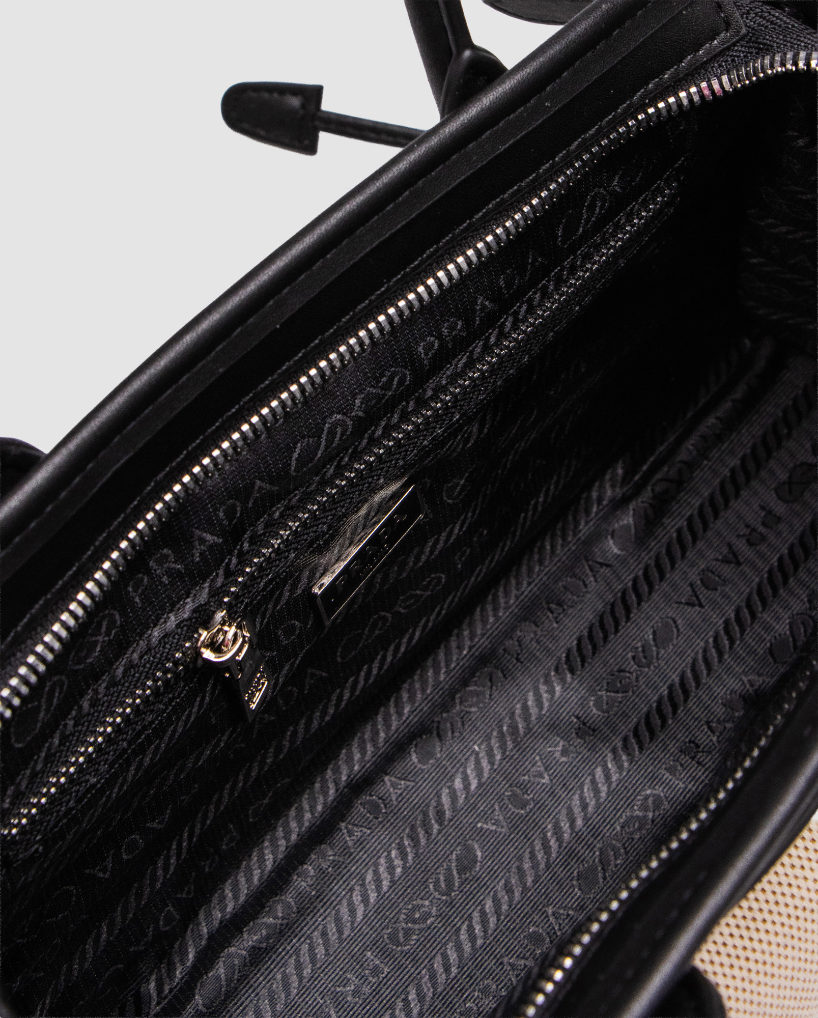 Prada Bonnie Small Handbag in Canvas and Leather Beige/Black - 5