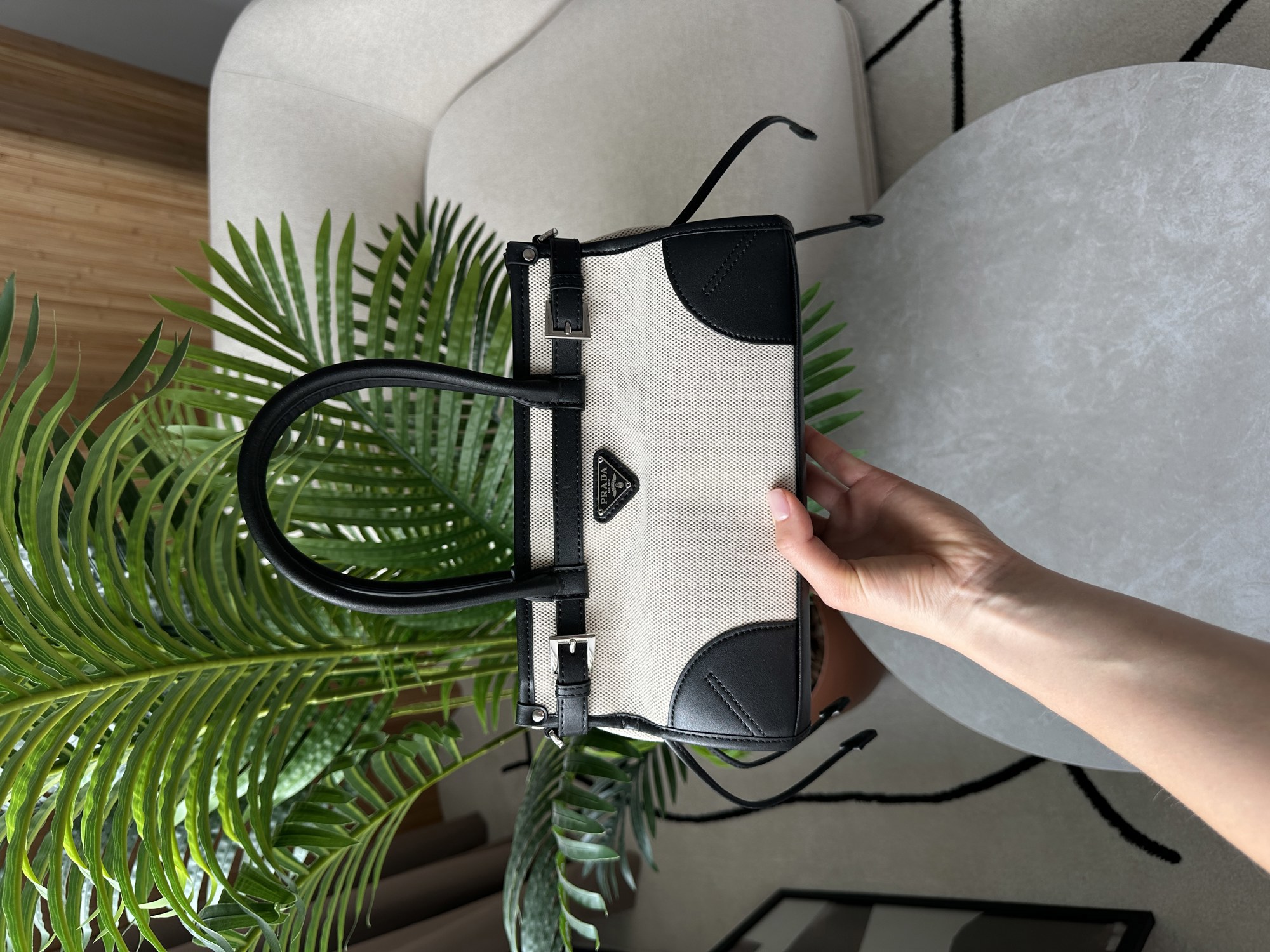 Prada Bonnie Small Handbag in Canvas and Leather Beige/Black - 12