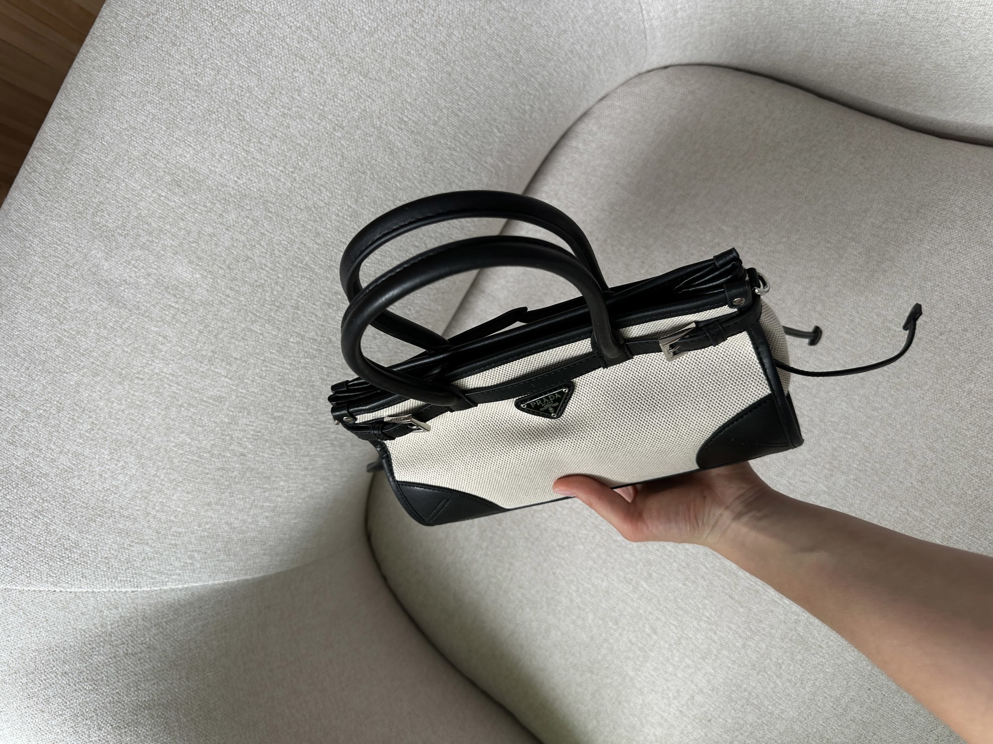 Prada Bonnie Small Handbag in Canvas and Leather Beige/Black - 13