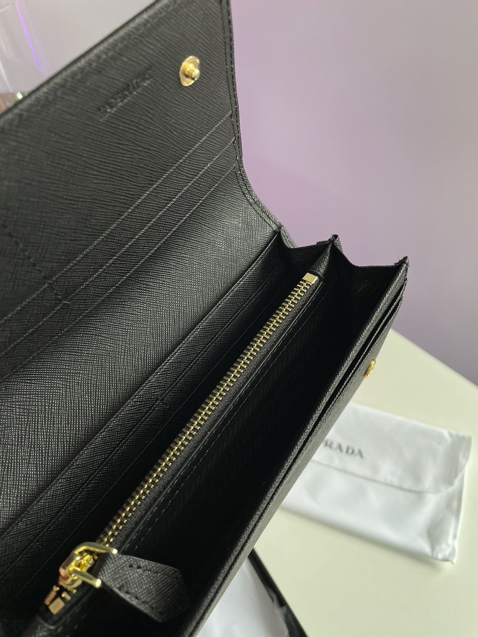 Prada Logo Leather Bi Fold Long Wallet Black - 14