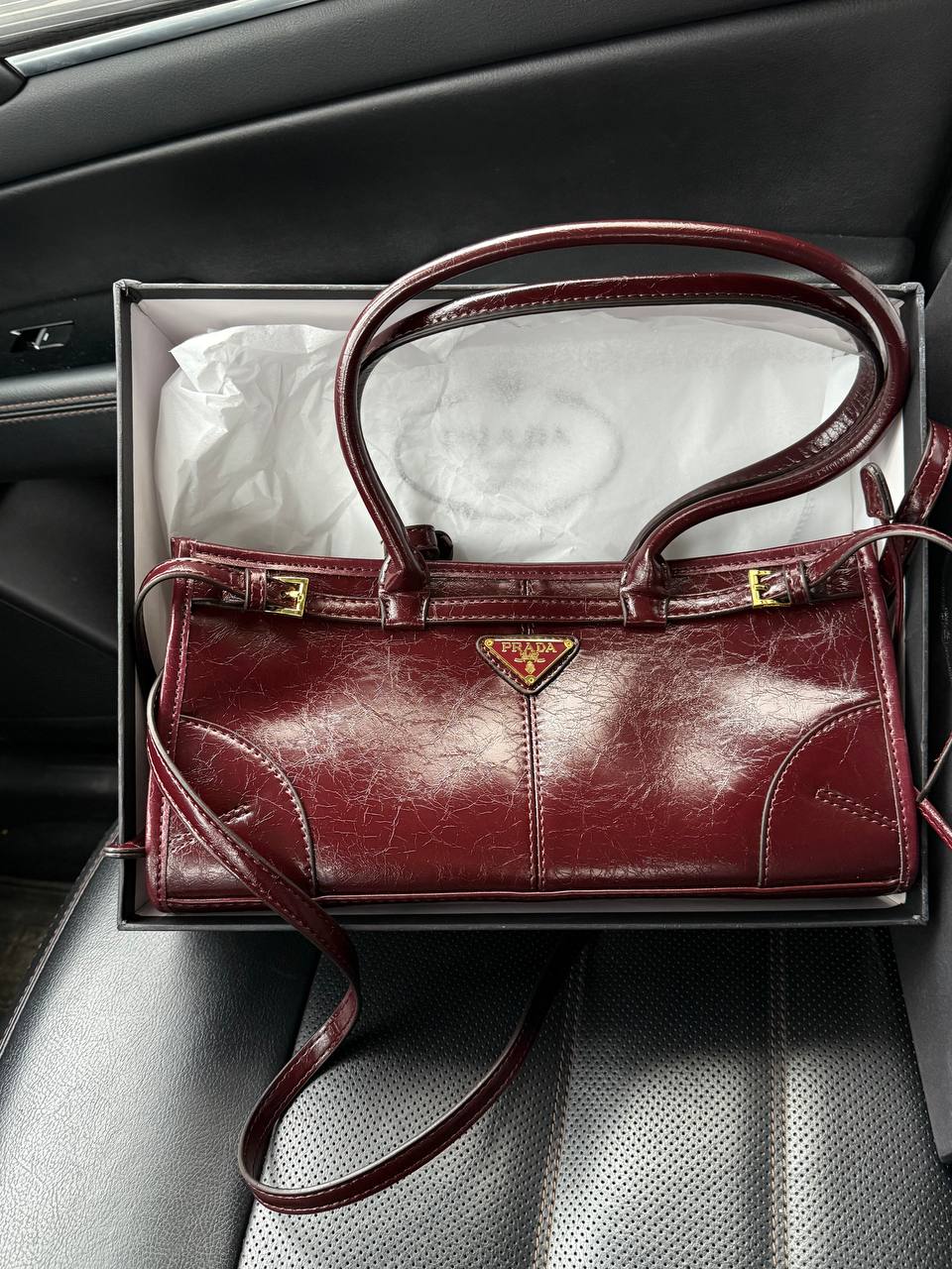 Prada Medium Leather Handbag Burgundy - 2