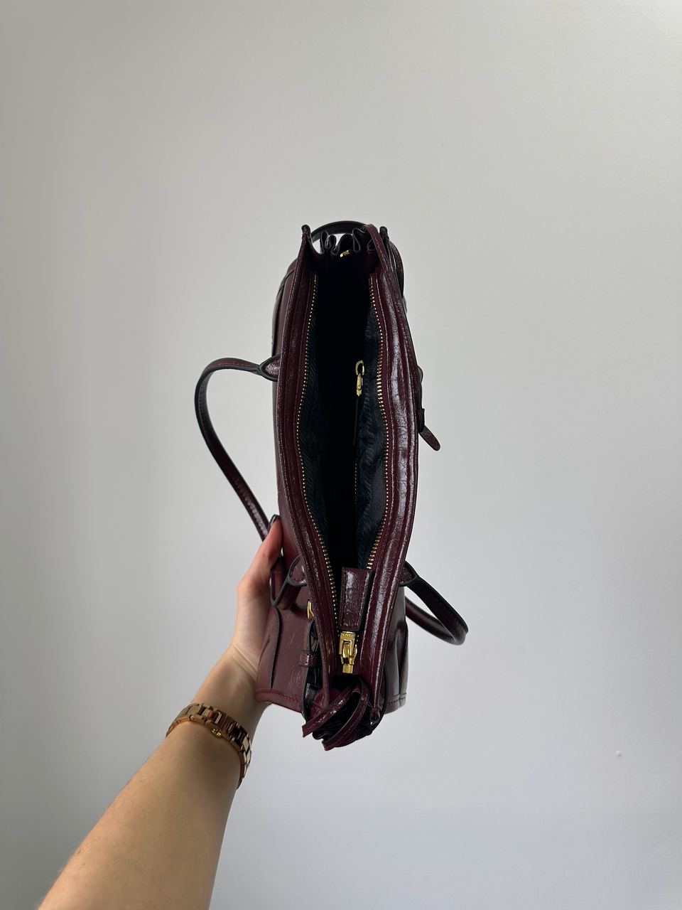 Prada Medium Leather Handbag Burgundy - 13