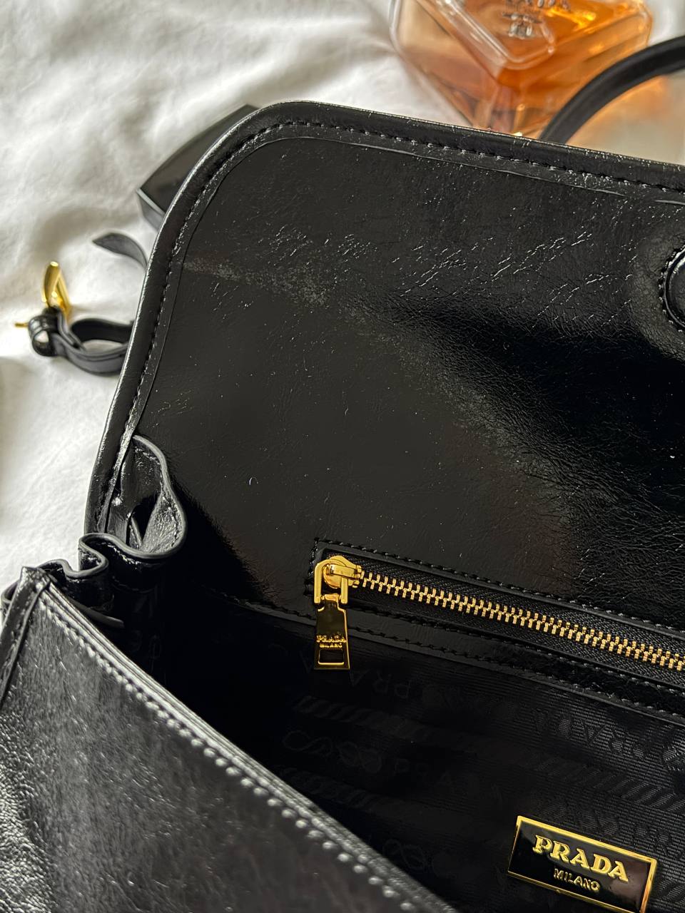 Prada Medium Leather Shoulder Bag Black - 12