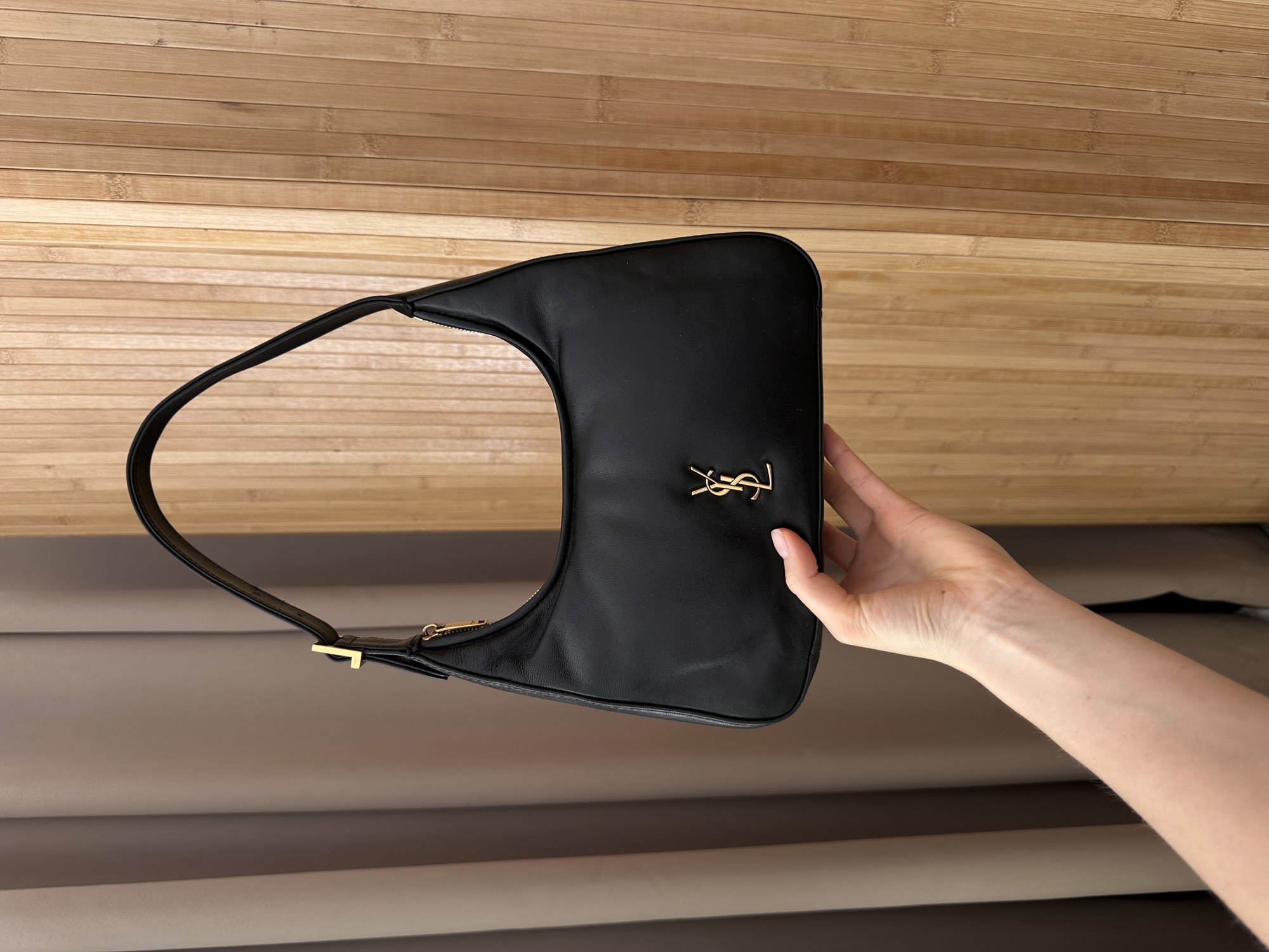 Saint Laurent Calypso Hobo in Plunged Lambskin Black/Gold - 13
