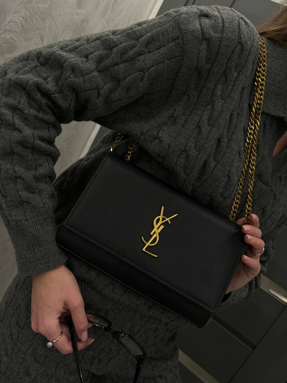 Saint Laurent Cassandra Small Shoulder Bag in Black Leather with Gold Hardware - 6