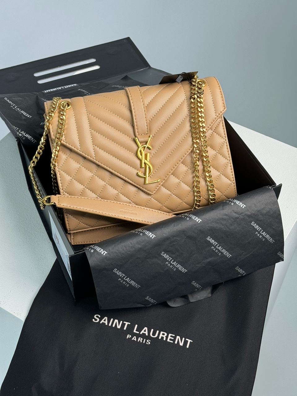 Saint Laurent Envelope Medium In Quilted Leather Beige - 3
