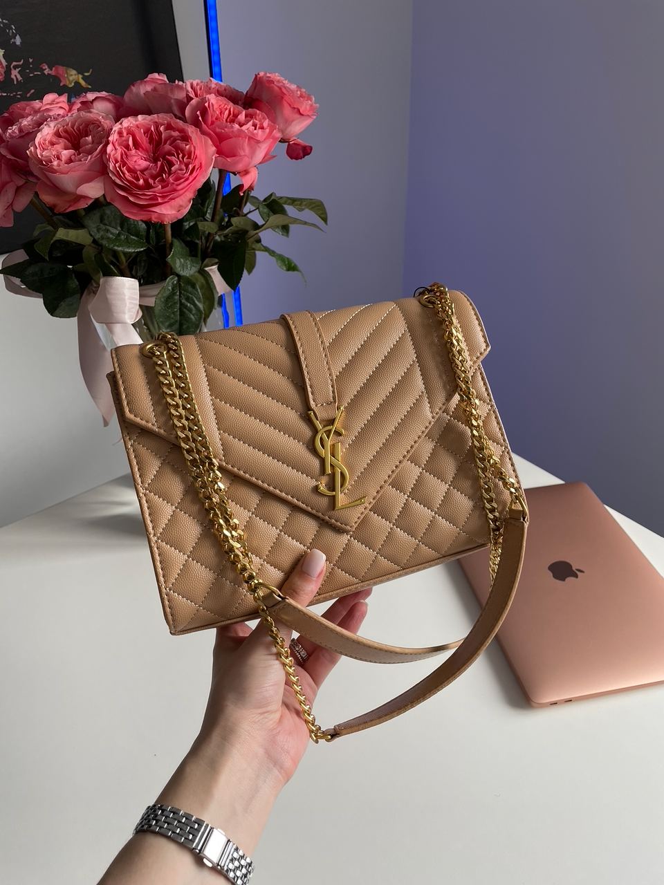 Saint Laurent Envelope Medium In Quilted Leather Beige - 9