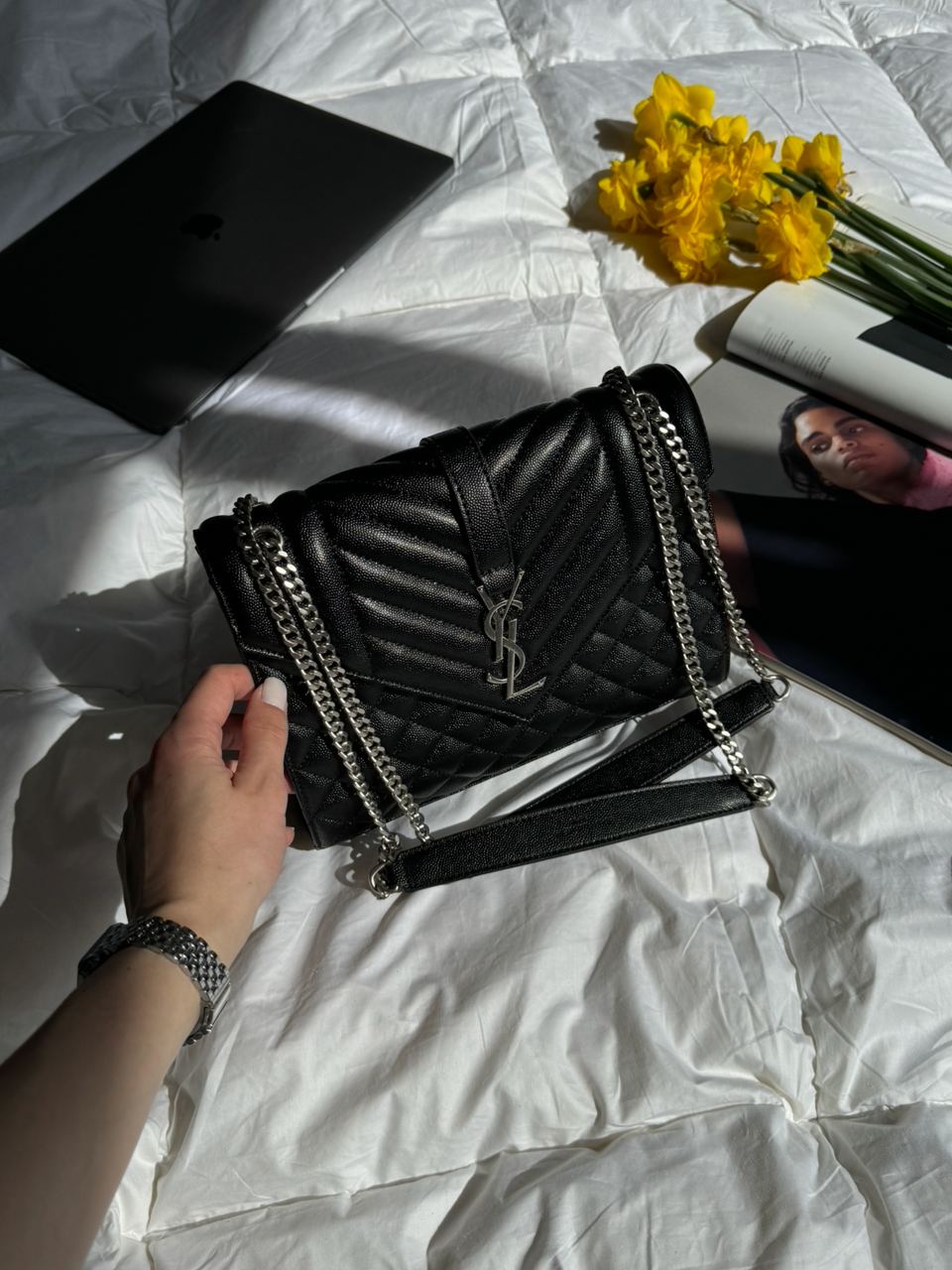 Saint Laurent Envelope Medium In Quilted Leather Silver - 7