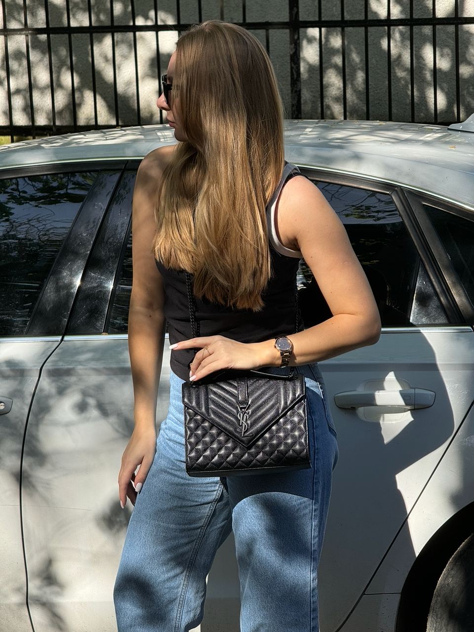 Saint Laurent Envelope Medium In Quilted Leather Silver - 9