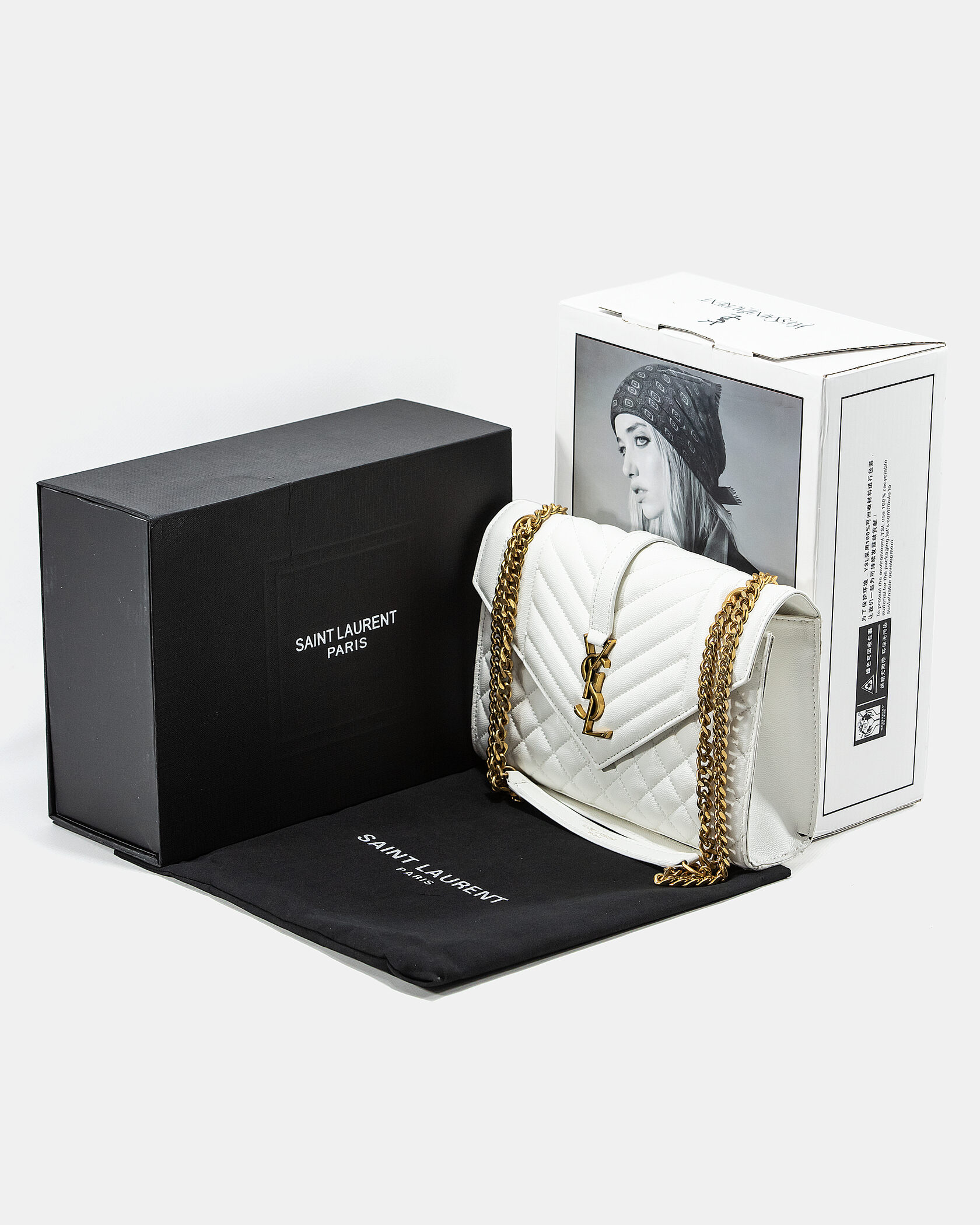 Saint Laurent Envelope Medium In Quilted Leather White/Gold - 2