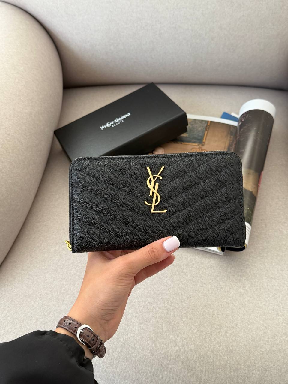 Saint Laurent Plain Leather Long Wallet Black/Gold