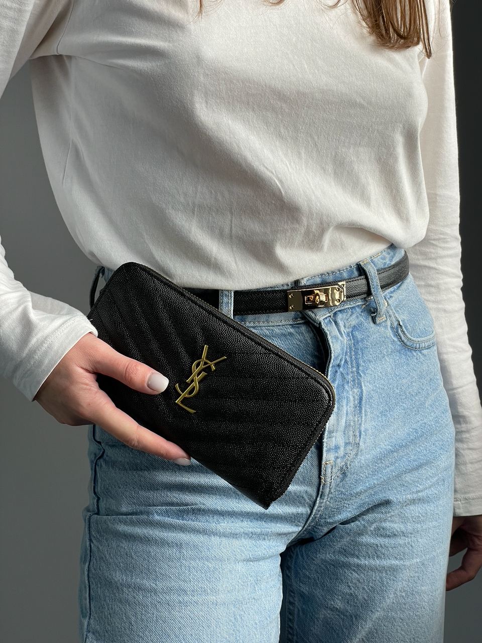 Saint Laurent Plain Leather Long Wallet Black/Gold - 5