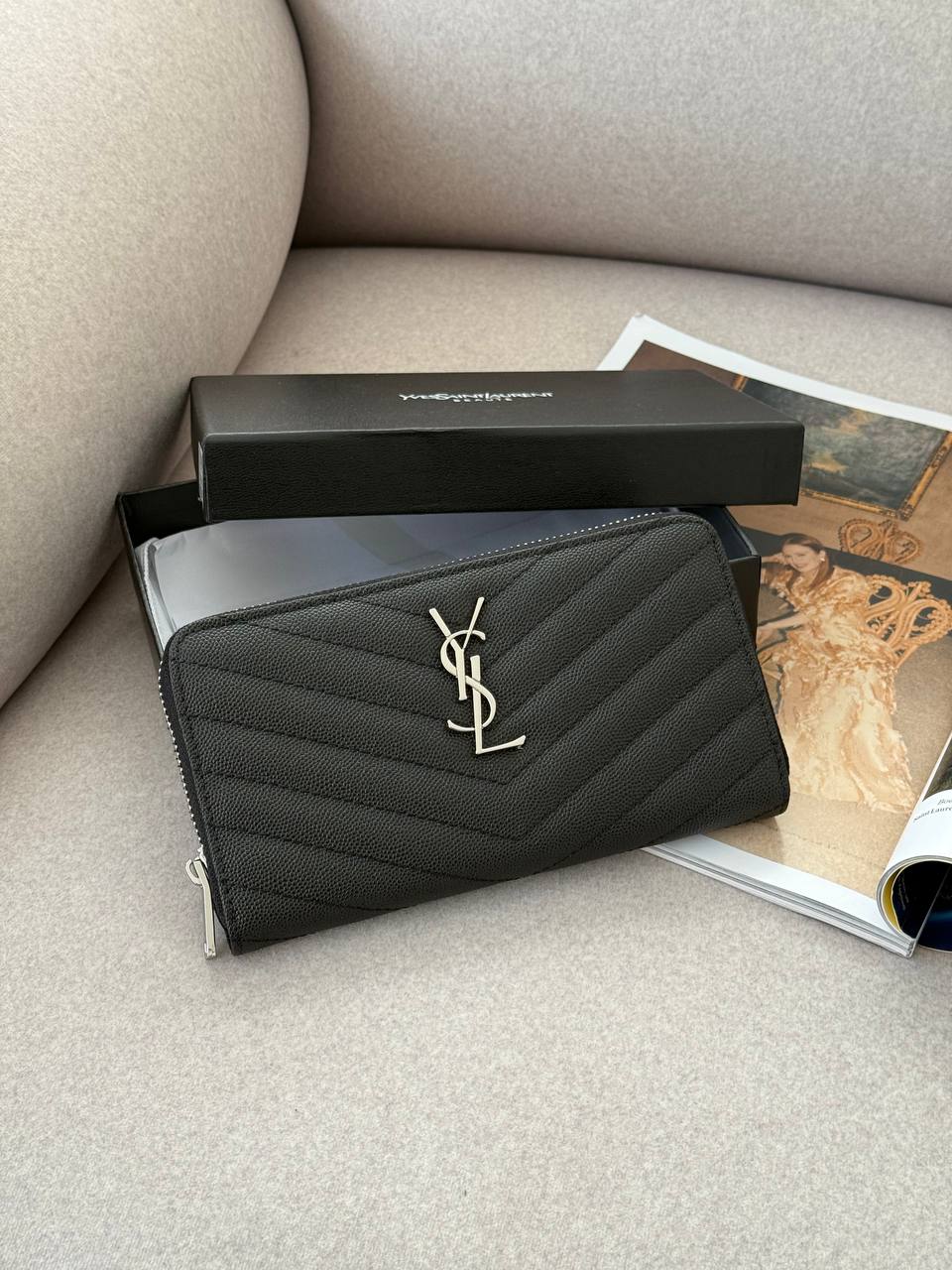 Saint Laurent Plain Leather Long Wallet Black/Silver