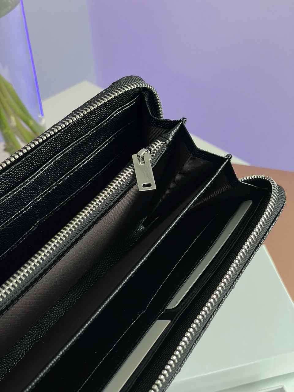 Saint Laurent Plain Leather Long Wallet Black/Silver - 14