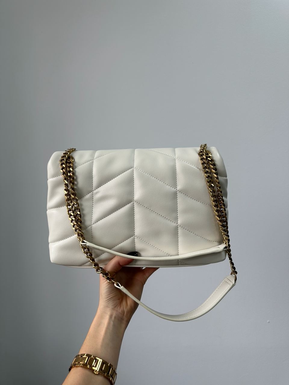 Saint Laurent Puffer Small in Nappa Leather Cream Gold Chain - 4