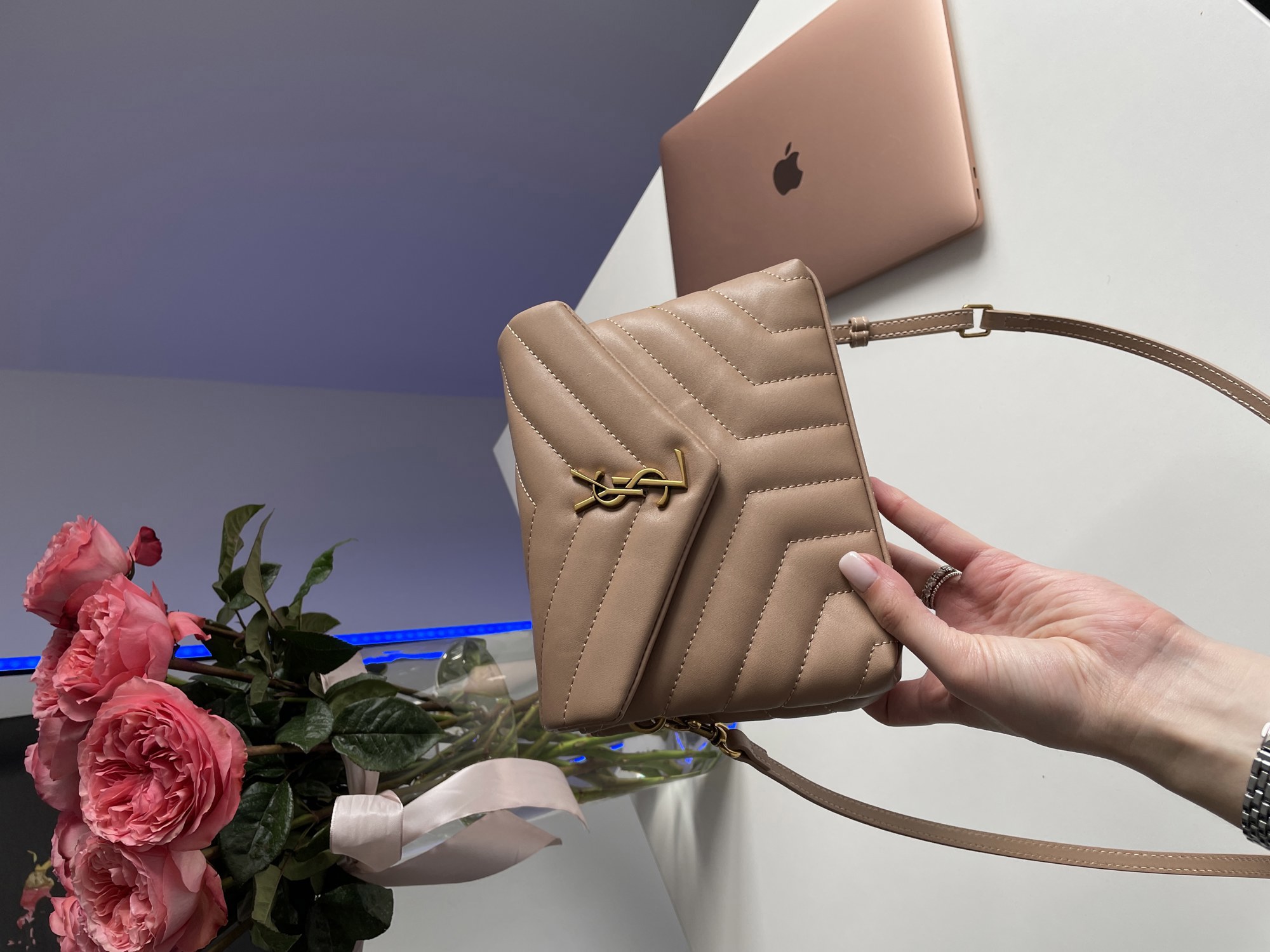 Saint Laurent Toy LouLou In Quilted Leather Beige/Gold - 6