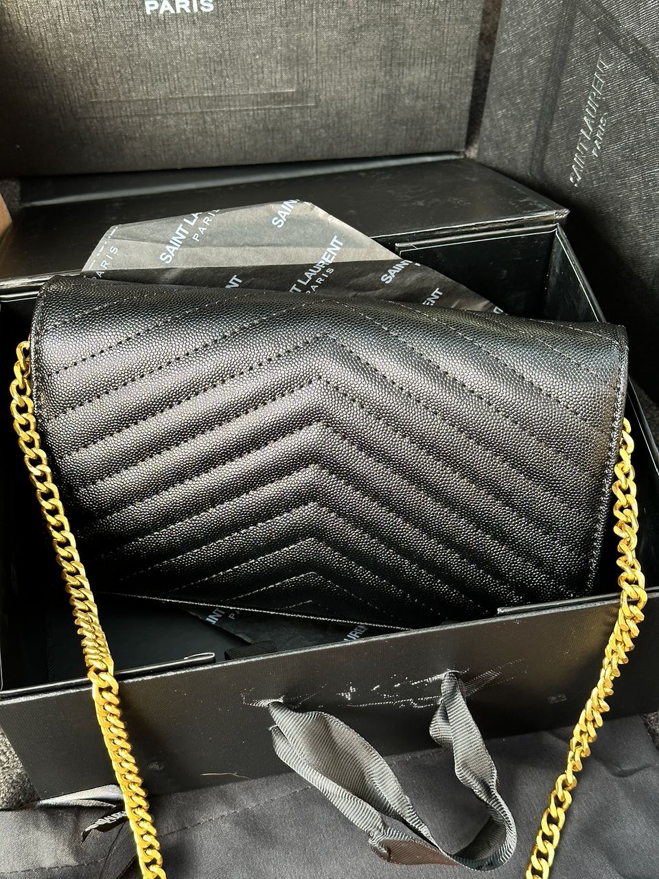 YSL Cassandre Matelasse Chain Wallet In Grain De Poudre Embossed Leather - 16