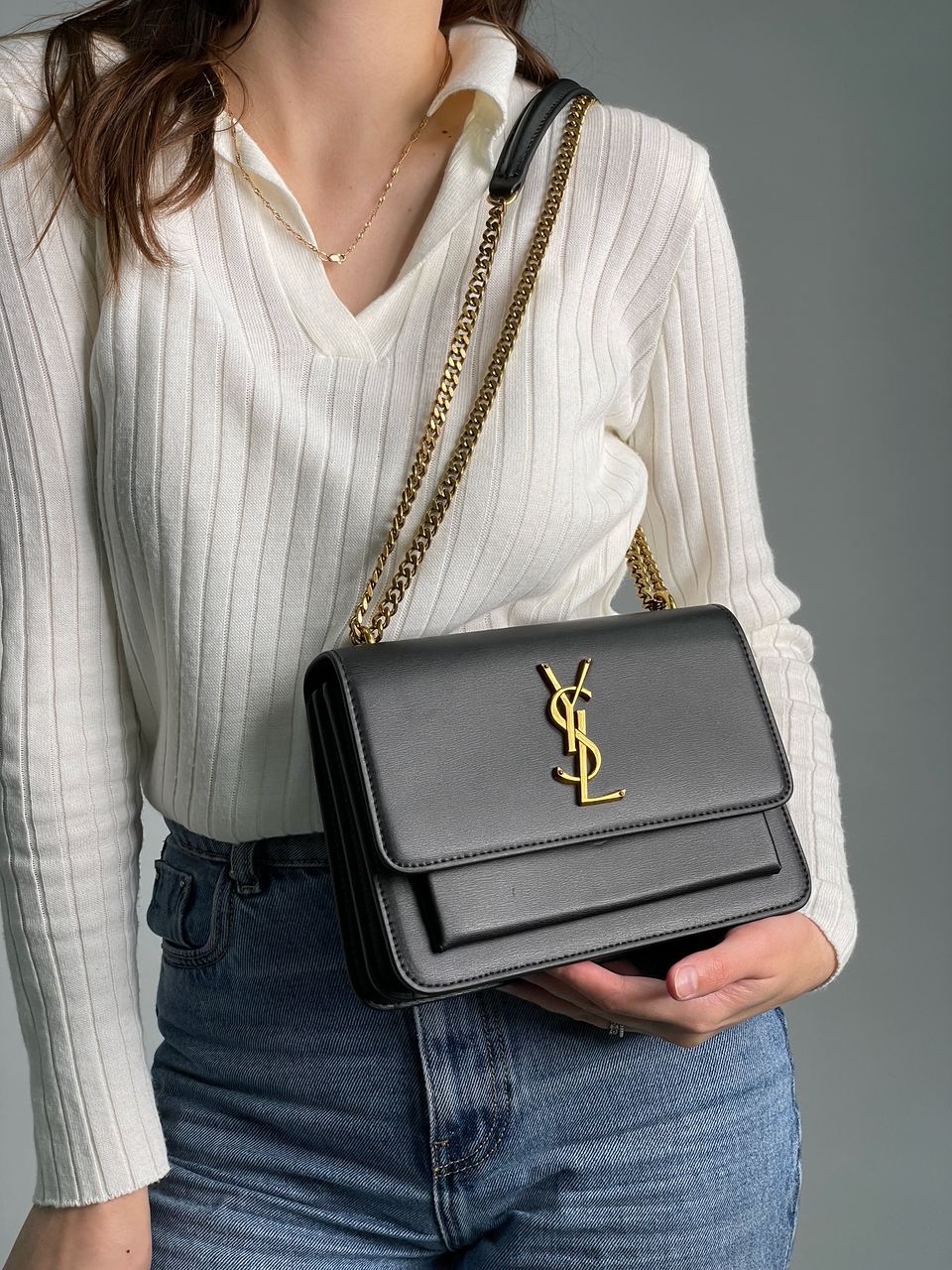 Yves Saint Laurent Medium Sunset in Smooth Leather Black/Gold - 9