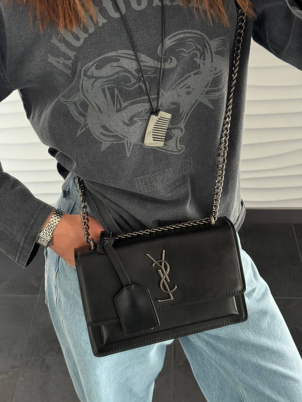 Yves Saint Laurent Medium Sunset in Smooth Leather Black/Silver - 3