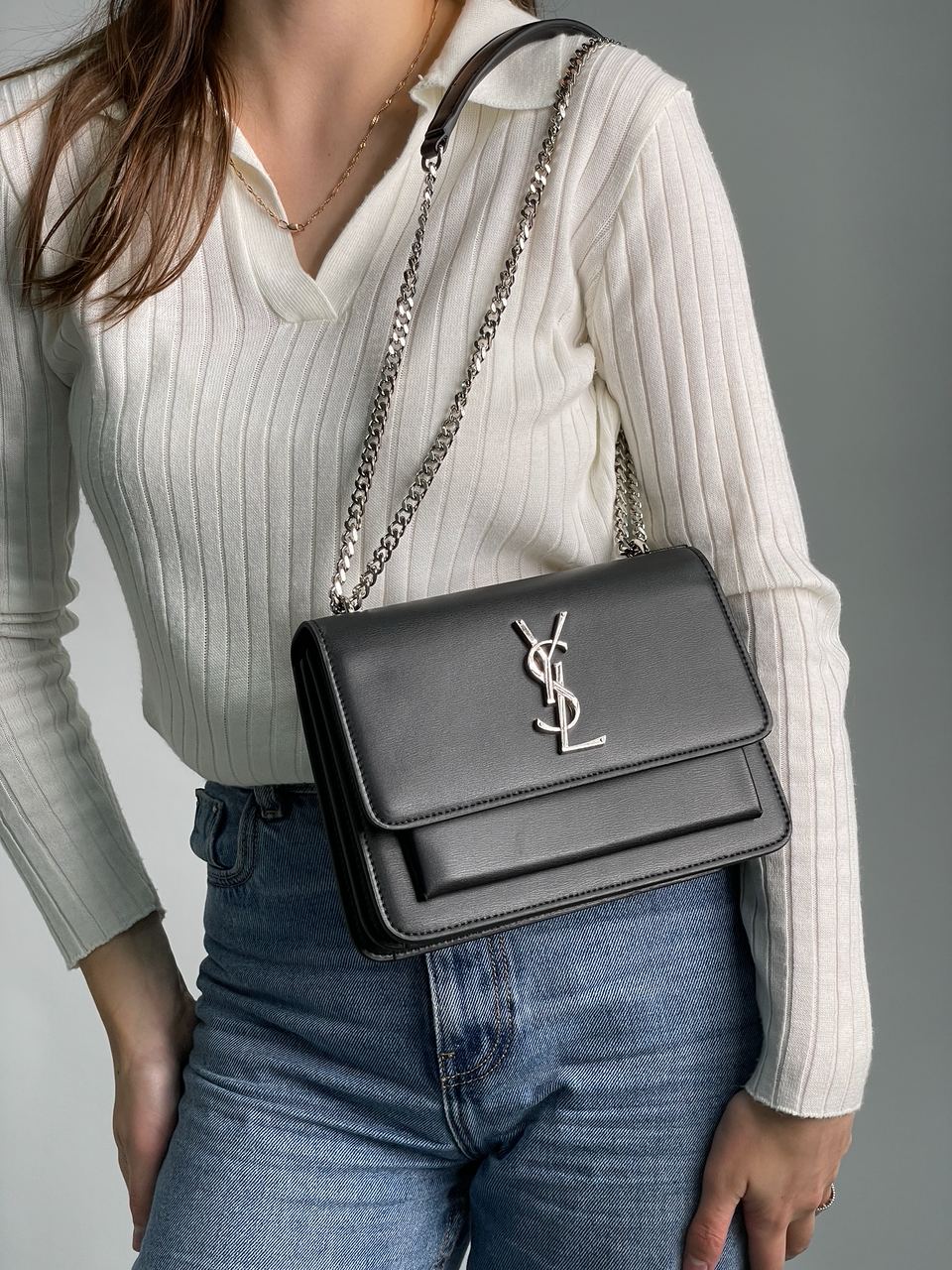 Yves Saint Laurent Medium Sunset in Smooth Leather Black/Silver - 7