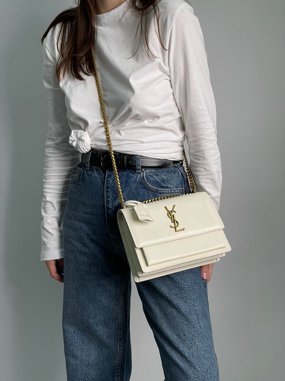 Yves Saint Laurent Medium Sunset in Smooth Leather Cream/Gold - 7